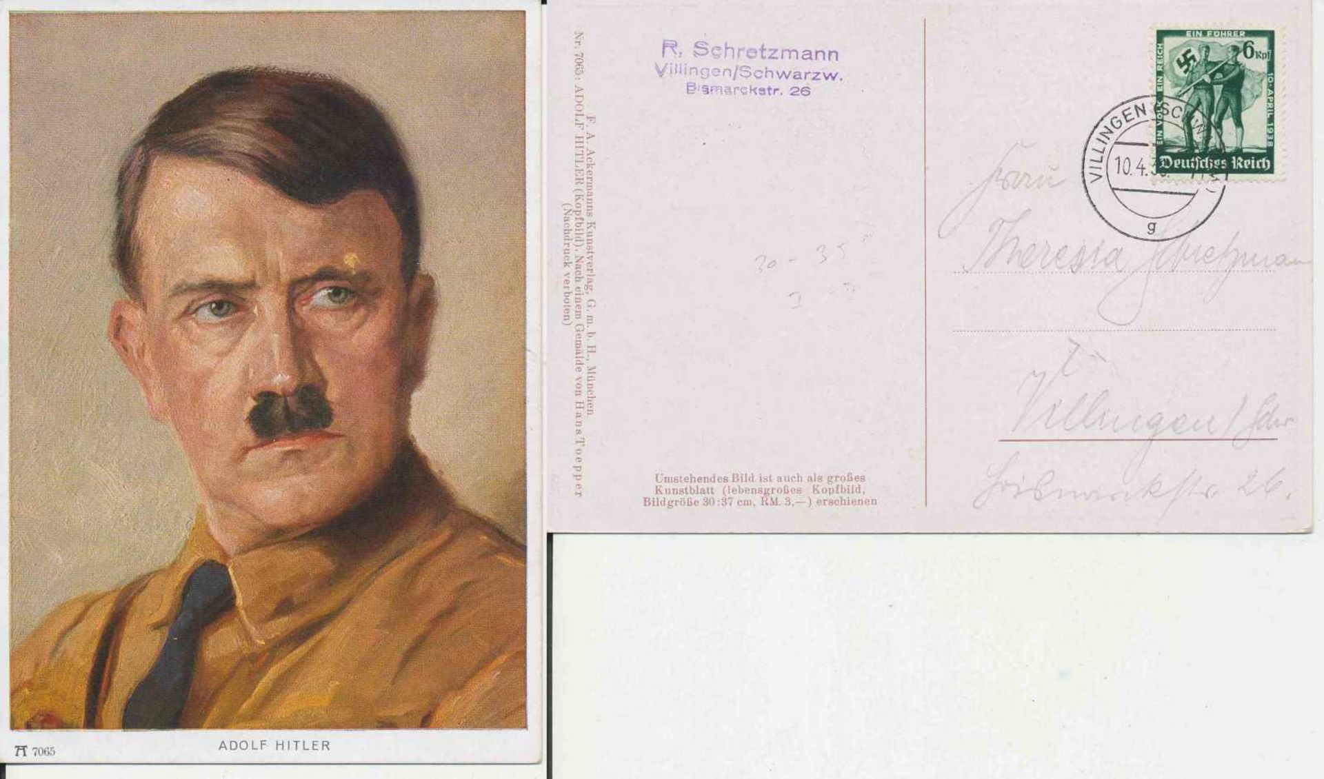 1 Postkarte, großes Format, col., Adolf Hitler, mit Bm und Abgangsstempel Villingen 10.4.1938, F. A.