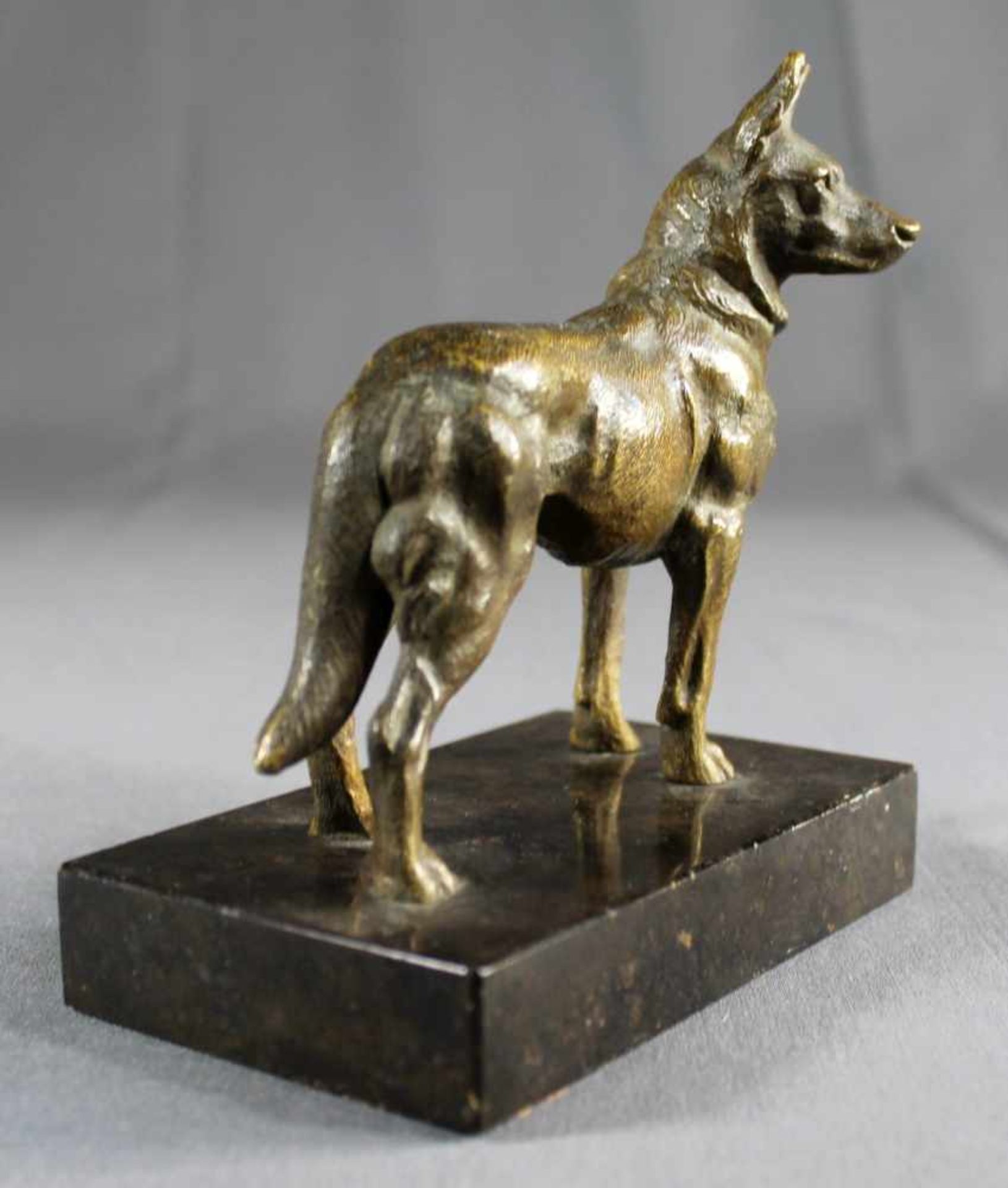 1 kleine Bronzefigur auf schwarzem Marmorsockel "Schäferhund", keine Signatur erkennbar, Sockel - Bild 4 aus 4