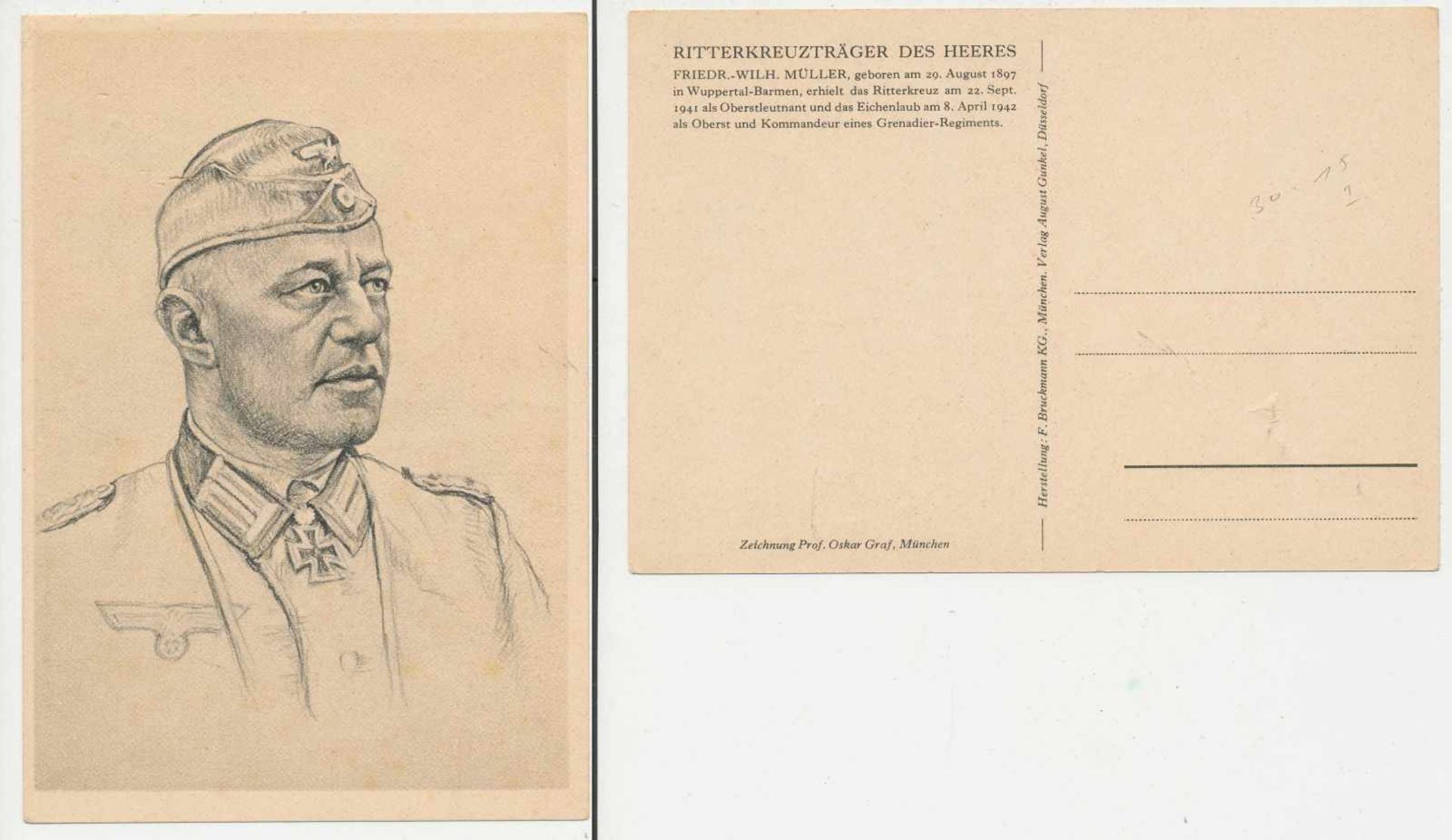 1 Postkarte, großes Format, br/w, Ritterkreuzträger des Heers - Friedr.-Wilh. Müller, Zeichnung