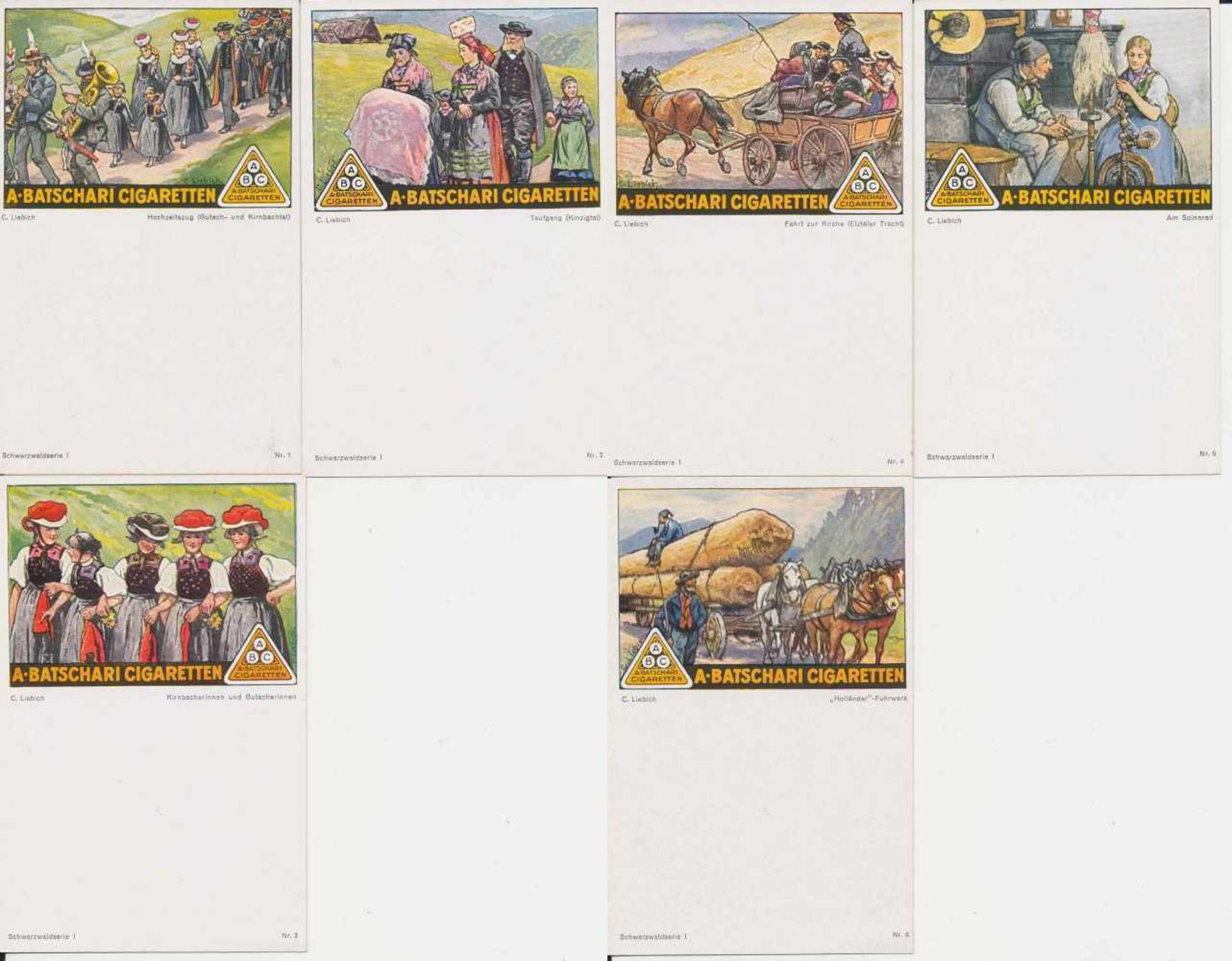 6 Postkarten, kleines Format, col., A. Batschari Cigaretten, Schwarzwaldserie I - Nr. 1-6, von C.