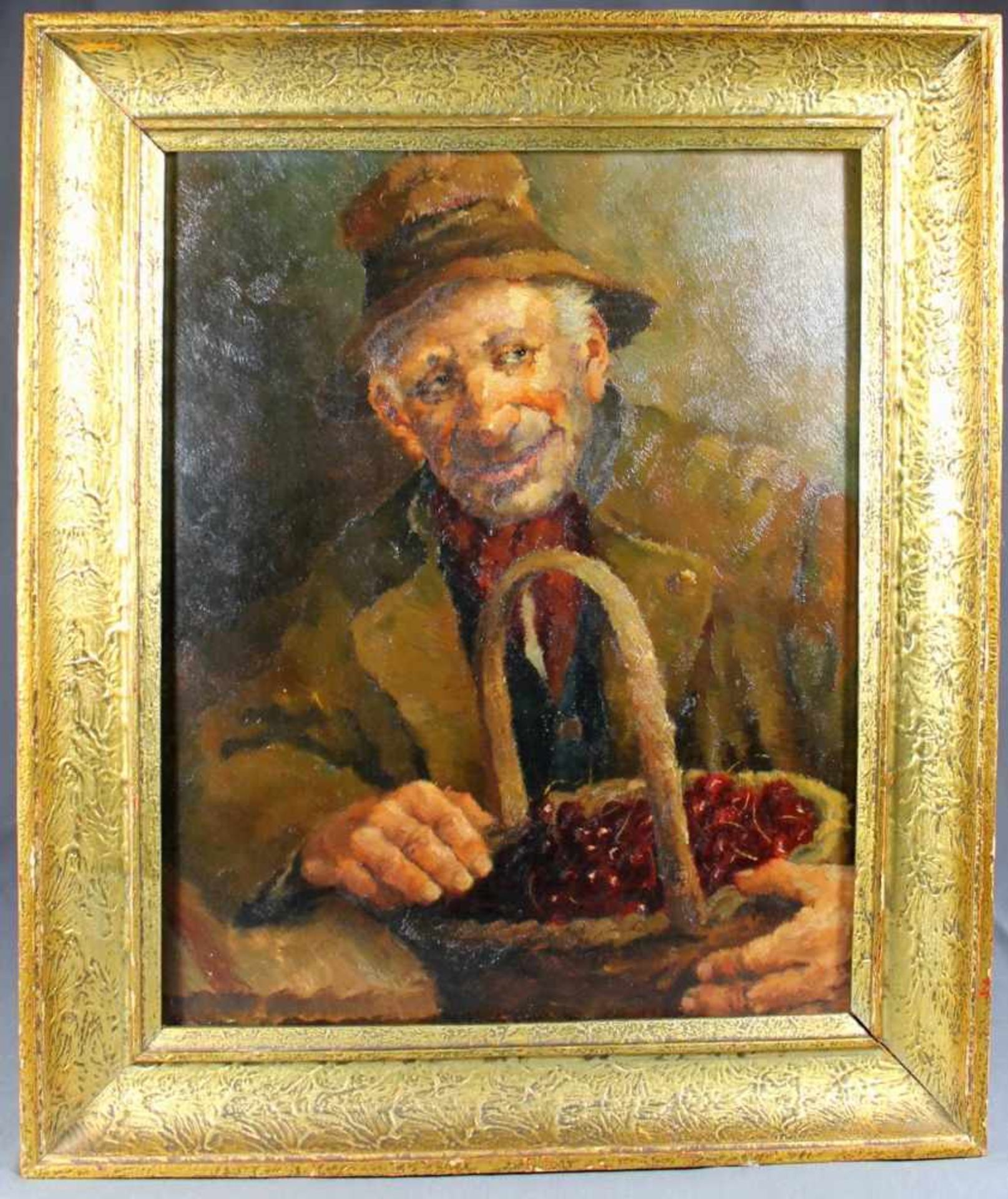 1 Ölbild auf Platte "Alter Mann mit Korb befüllt mit Kirschen", rechts oben signiert Hans Richter-