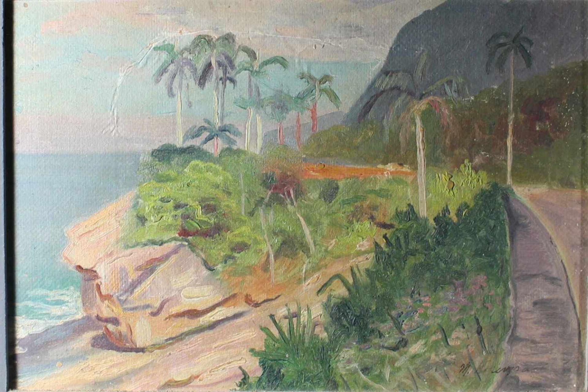 1 Ölbild auf Spanplatte "südliche Landschaft", rechts unten signiert, ca. 19cm x 28,5cm (