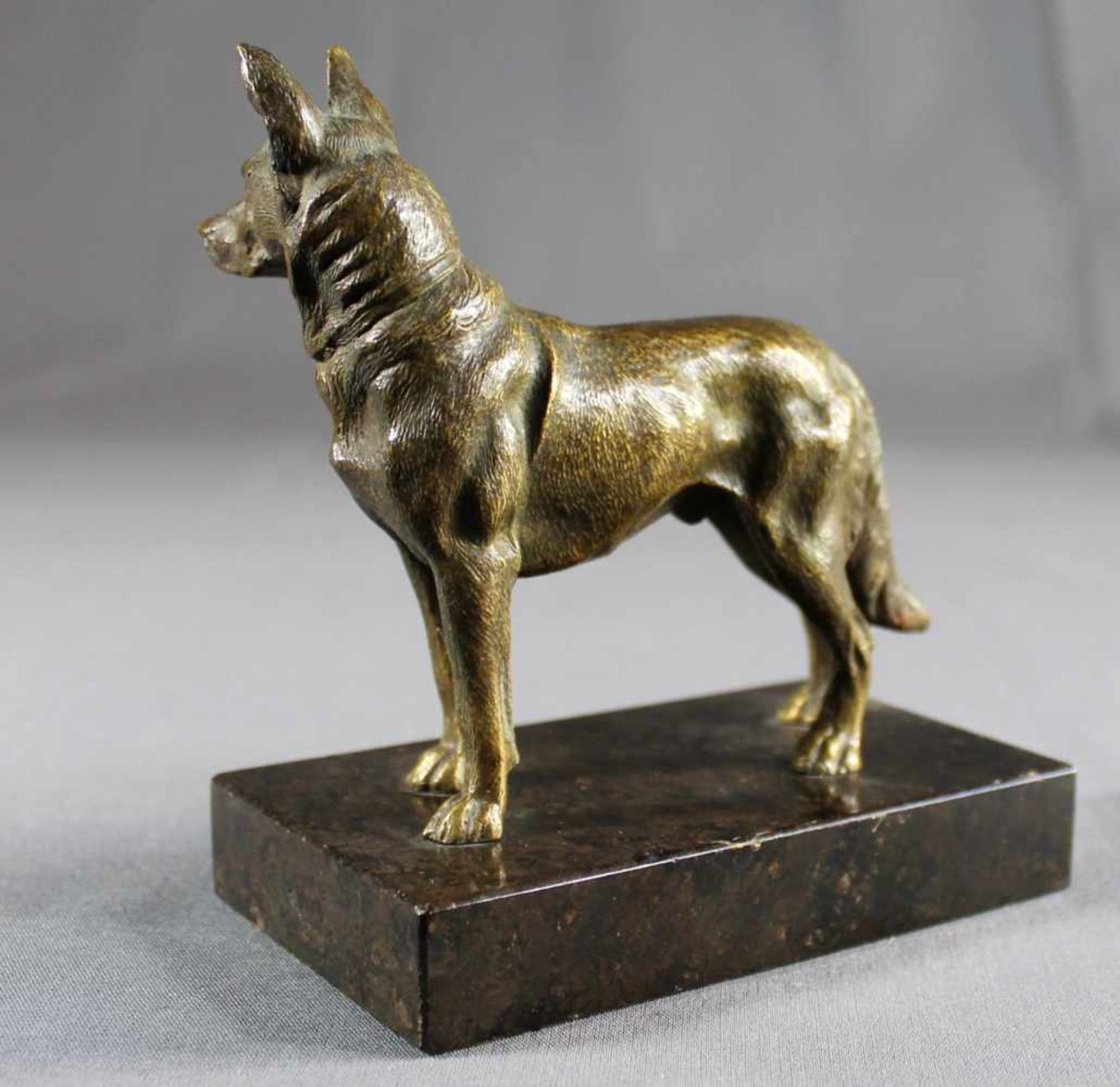 1 kleine Bronzefigur auf schwarzem Marmorsockel "Schäferhund", keine Signatur erkennbar, Sockel - Bild 2 aus 4