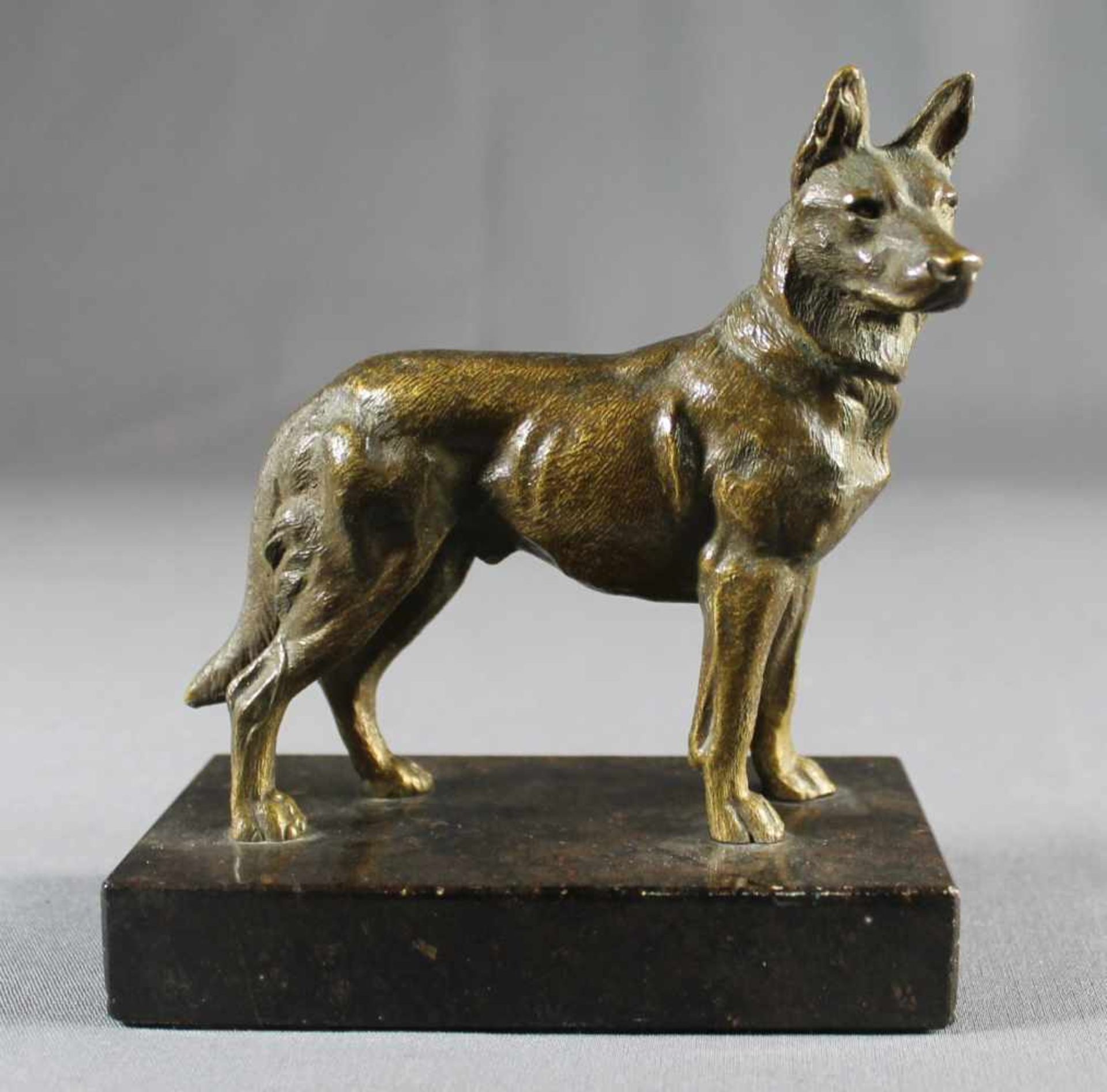 1 kleine Bronzefigur auf schwarzem Marmorsockel "Schäferhund", keine Signatur erkennbar, Sockel