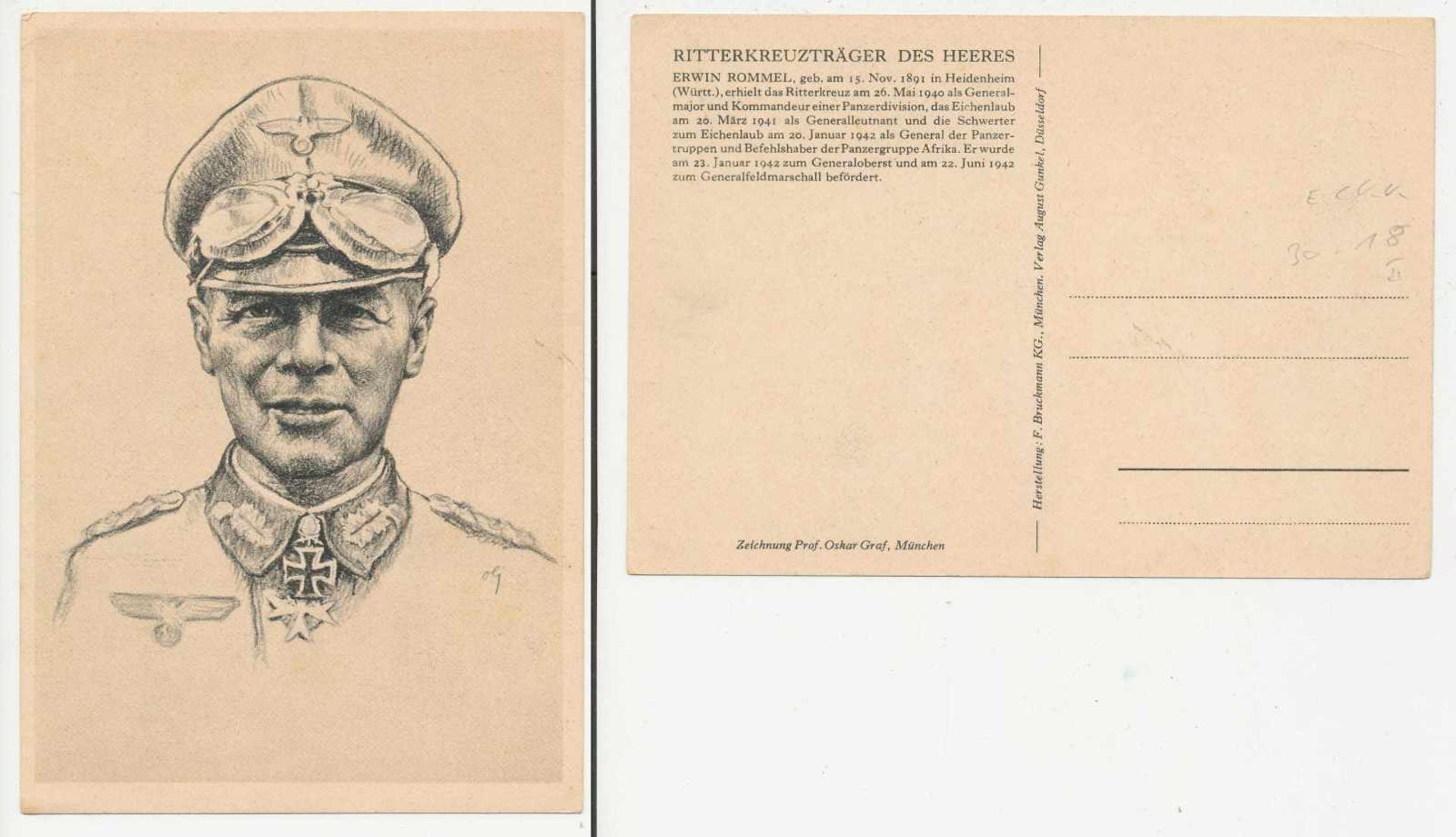 1 Postkarte, großes Format, br/w, Ritterkreuzträger des Heers - Erwin Rommel, Zeichnung Prof.