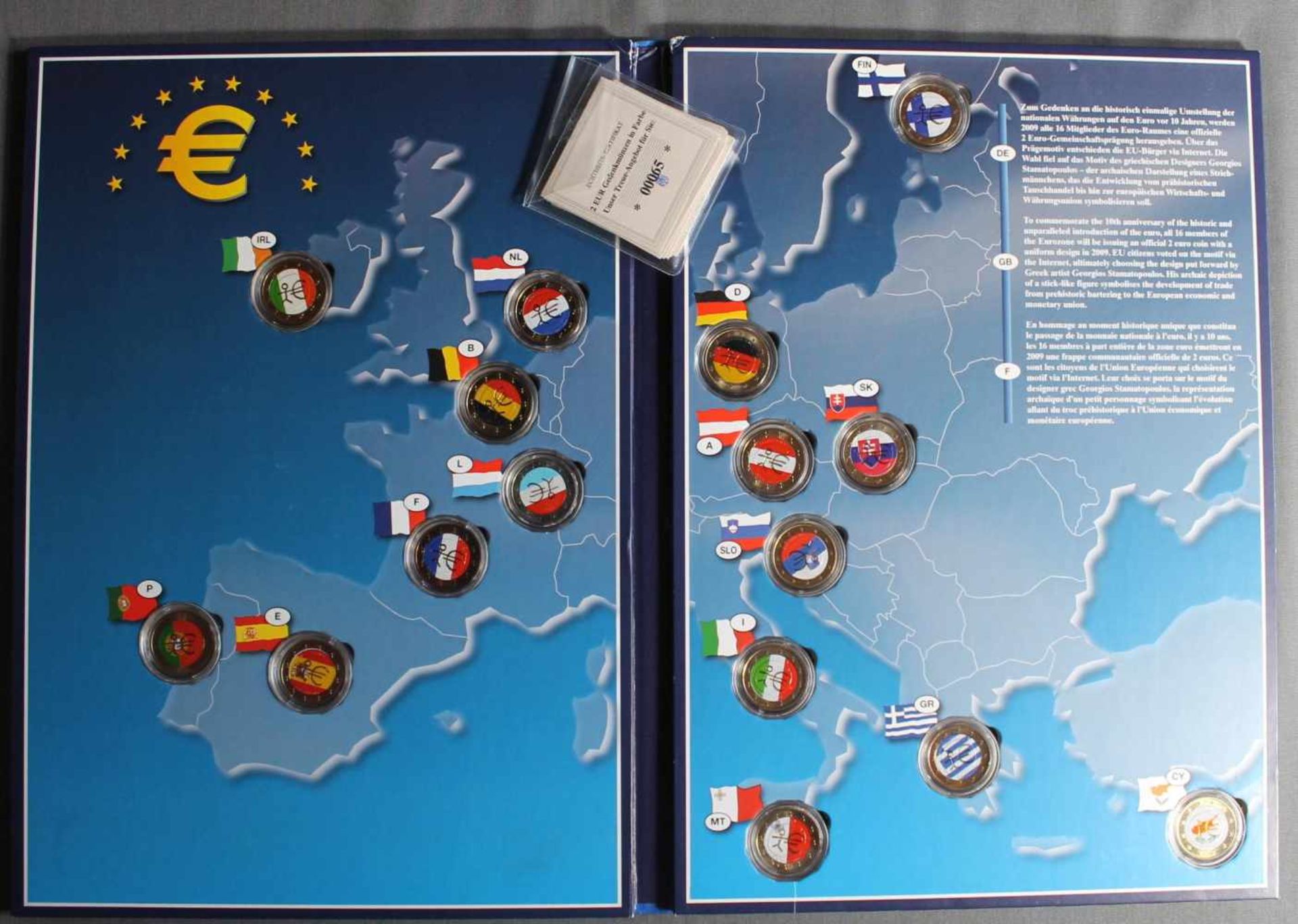 1 Klapp-Folder "16 x 2 Euro Gedenkmünzen in Farbe, 10 Jahre Euro", Zertifikate vorhanden, aus Abo - Bild 2 aus 2