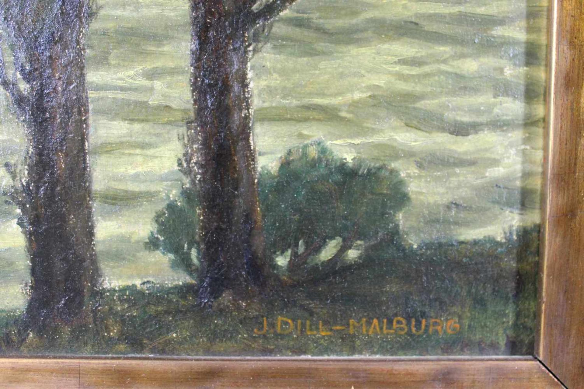 1 Ölbild auf Platte, rückseitig bezeichnet "Alte Brücke", rechts unten signiert J. Dill-Malburg, - Bild 2 aus 2