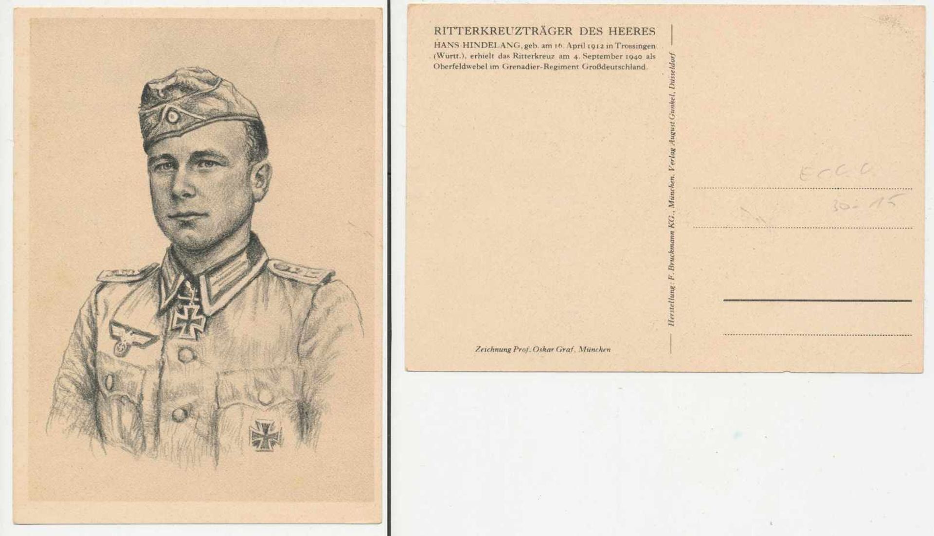 1 Postkarte, großes Format, br/w, Ritterkreuzträger des Heers - Hans Hindelang, Zeichnung Prof.