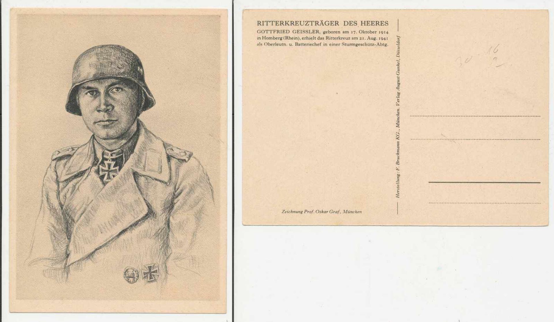 1 Postkarte, großes Format, br/w, Ritterkreuzträger des Heers - Gottfried Geissler, Zeichnung