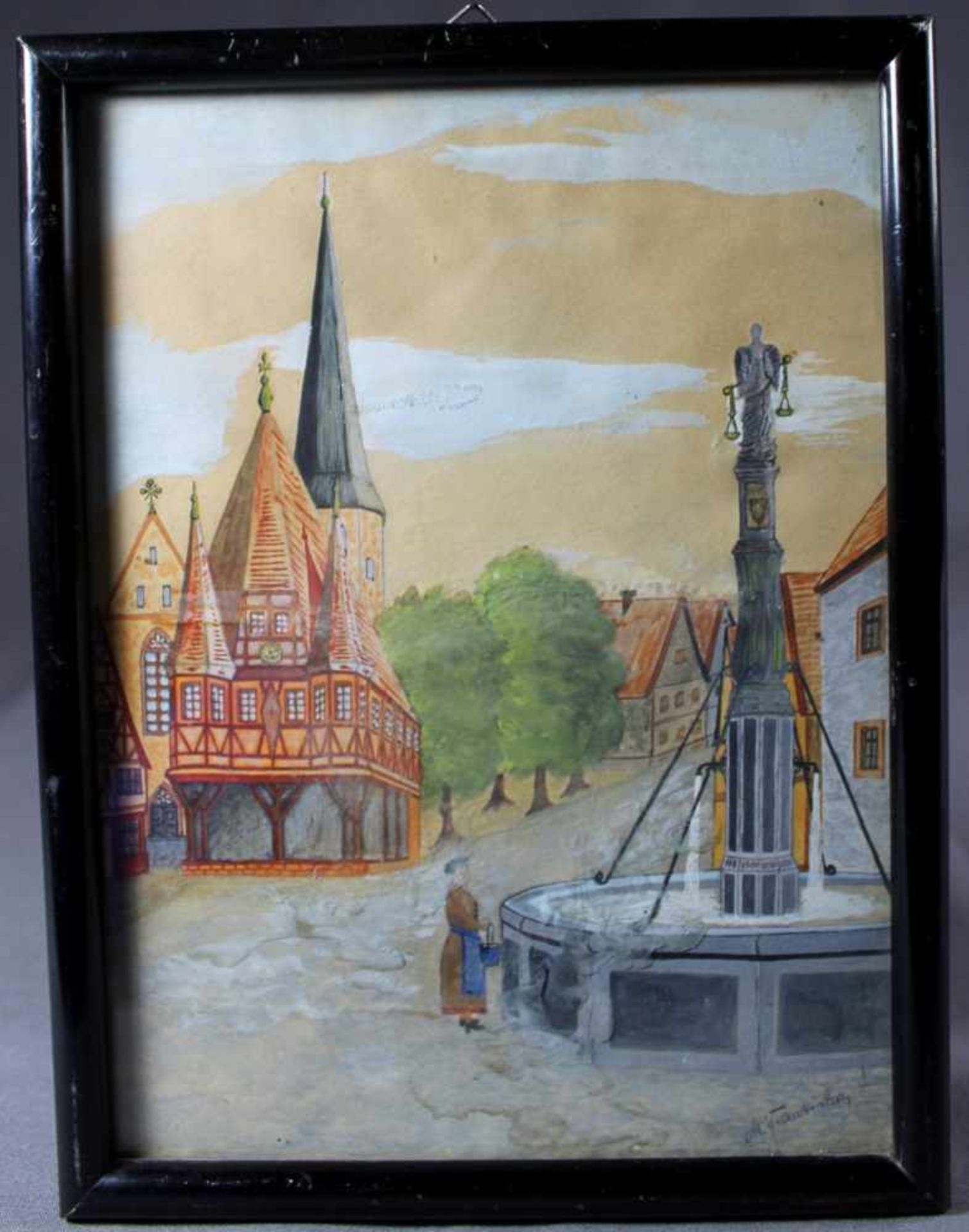 1 kleines Aquarell in schwarzer Leiste "Stadansicht mit Brunnen", rechts unten signiert, ca. 22cm