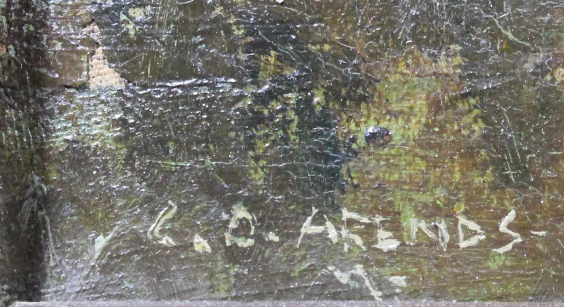 1 altes Ölbild auf Leinwand "Landschaft", diverse Farbabplatzungen, links unten signiert C.D. Arends - Image 2 of 2