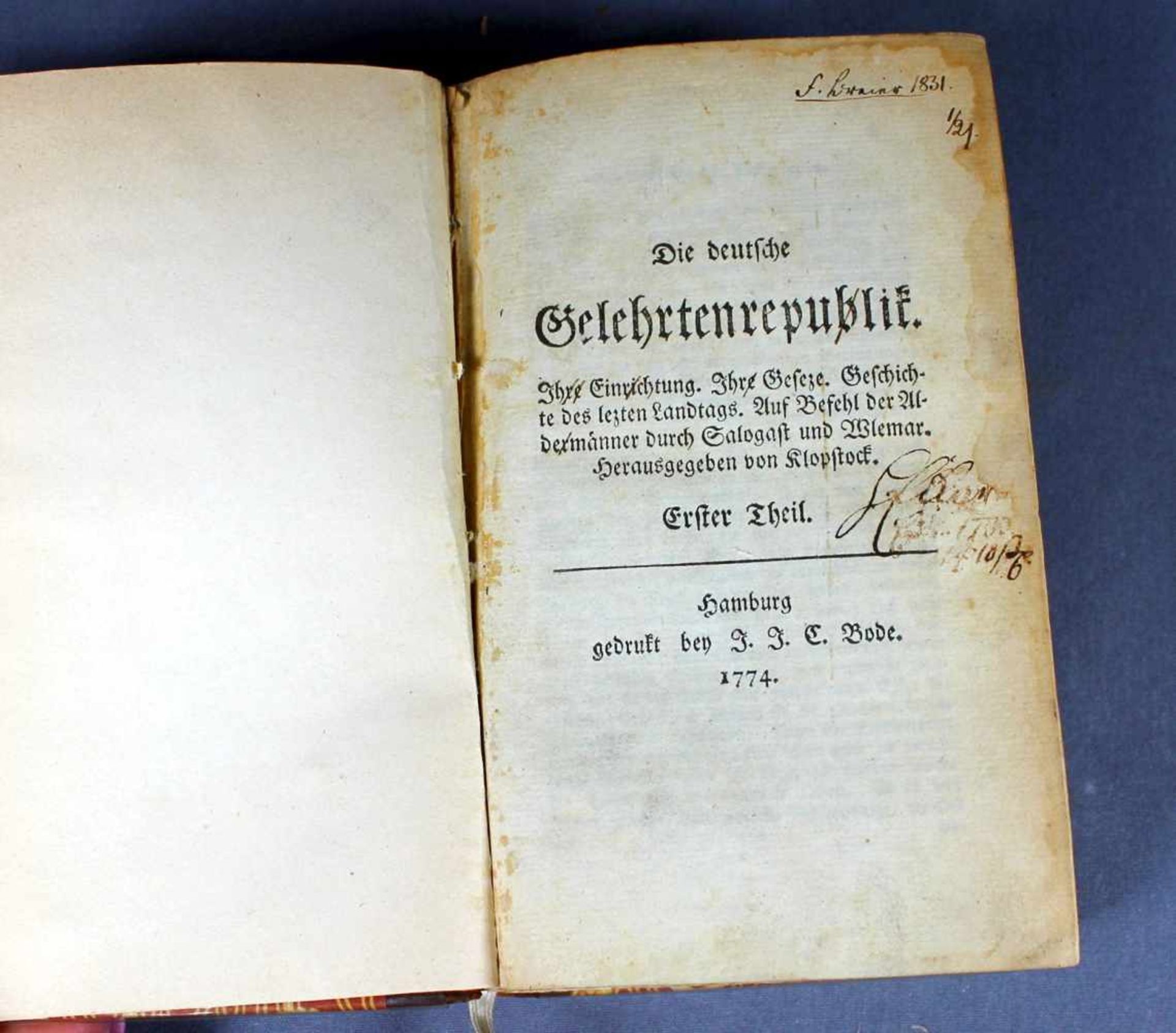 1 alter Band von Friedrich Gottlieb Klopstock "Die deutsche Gelehrtenrepublik. Ihre Einrichtung. - Bild 2 aus 2