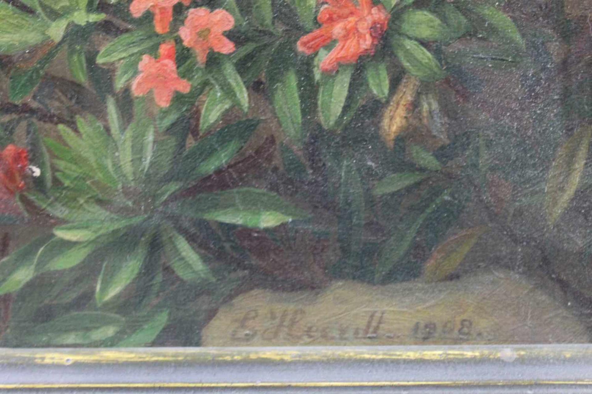 1 kleines Ölbild auf Leinwand „Alpenrosen“, rechts unten signiert und datiert E. Heerdt 1908, - Image 2 of 3
