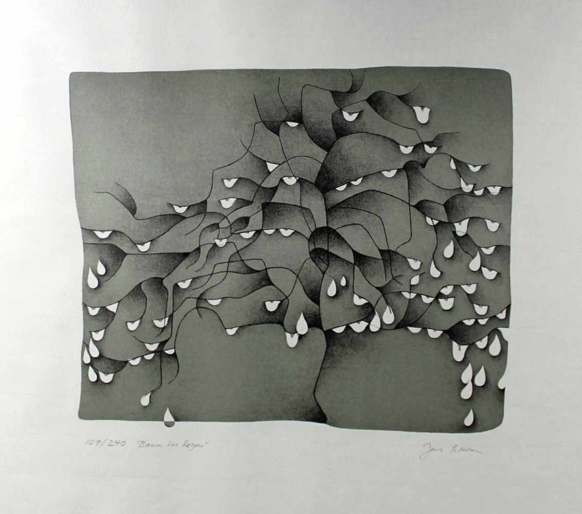 1 Lithographie s/w gerahmt "Baum im Regen", 109/240, signiert Jens Petersen, geb. 1938 in Hamburg, - Image 2 of 2