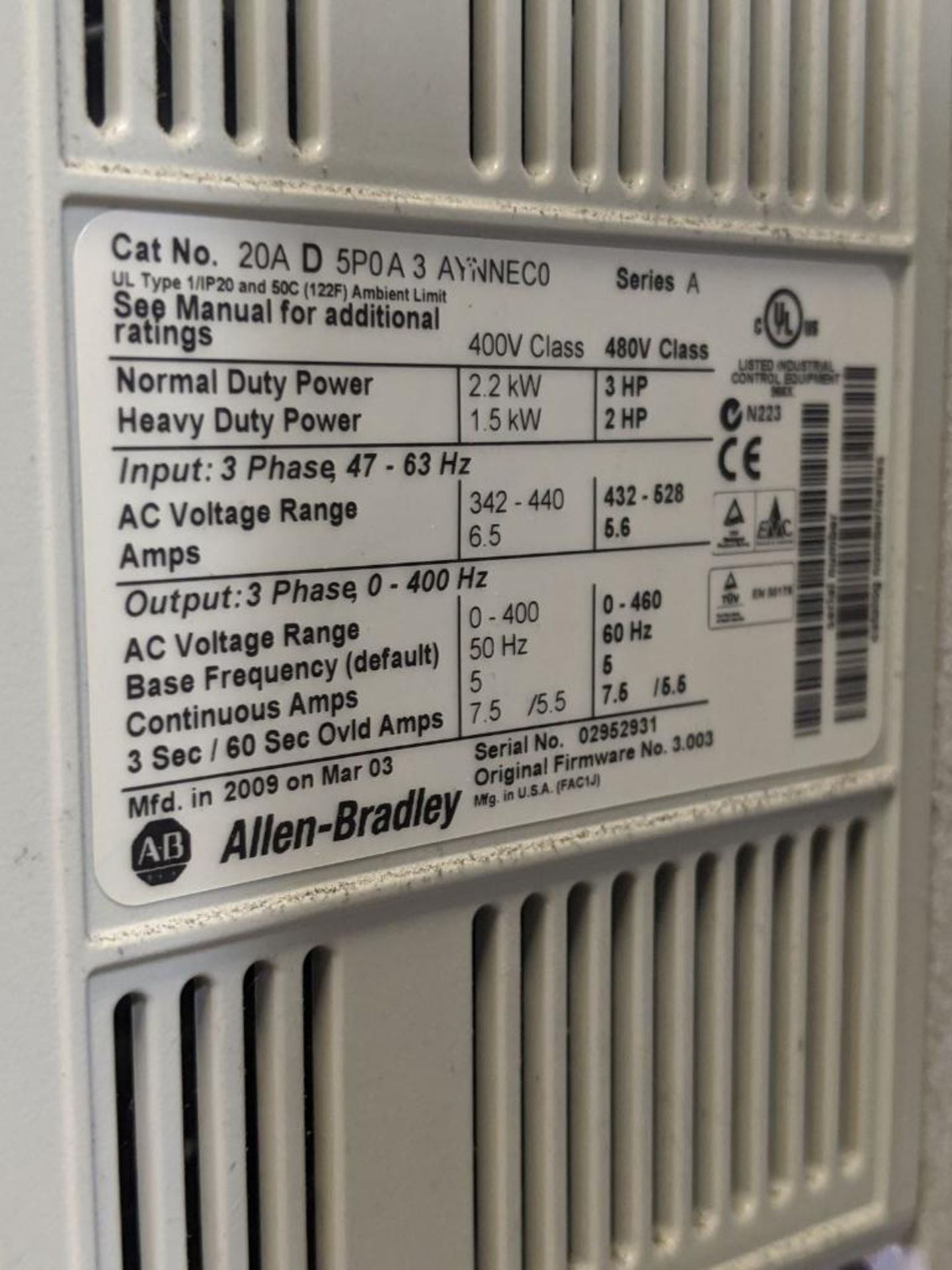 Allen-Bradley PowerFlex 70 Cat No. 20AD5P0A3AYNNEC0 3HP Variable Frequency Drive - Image 3 of 4