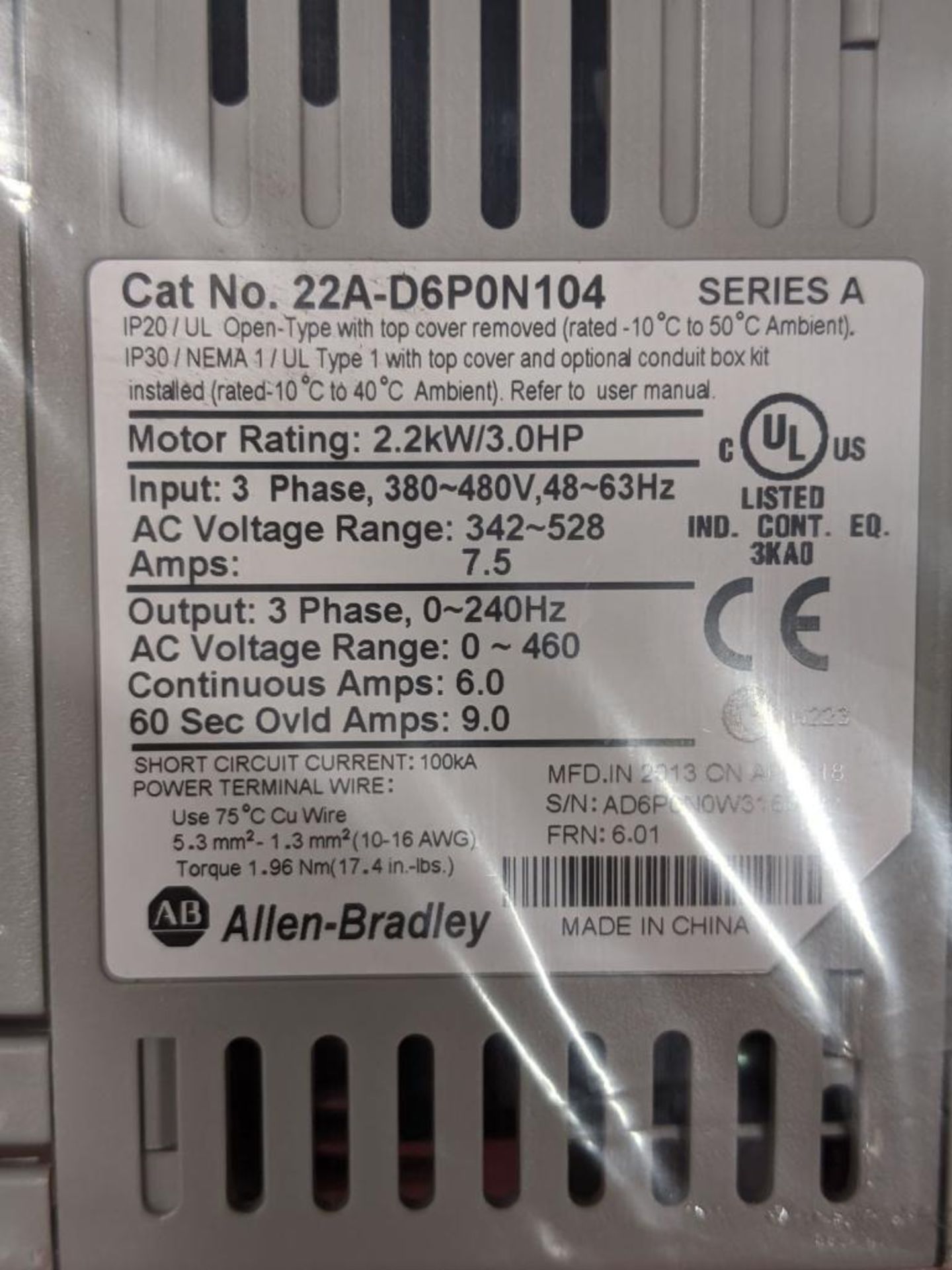 NEW Allen-Bradley PowerFlex 4 Cat No. 22A-D6P0N104 3HP Variable Frequency Drive - Image 2 of 2