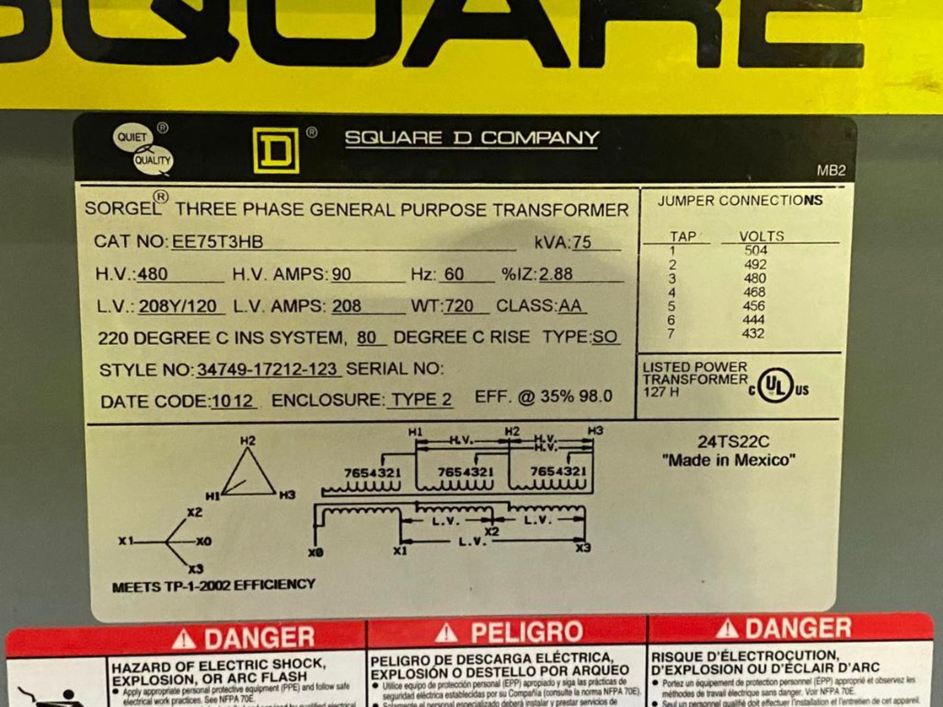 Square-D Cat No. EE75T3HB 75 kVA Sorgel Three Phase General Purpose Transformer - Image 3 of 3