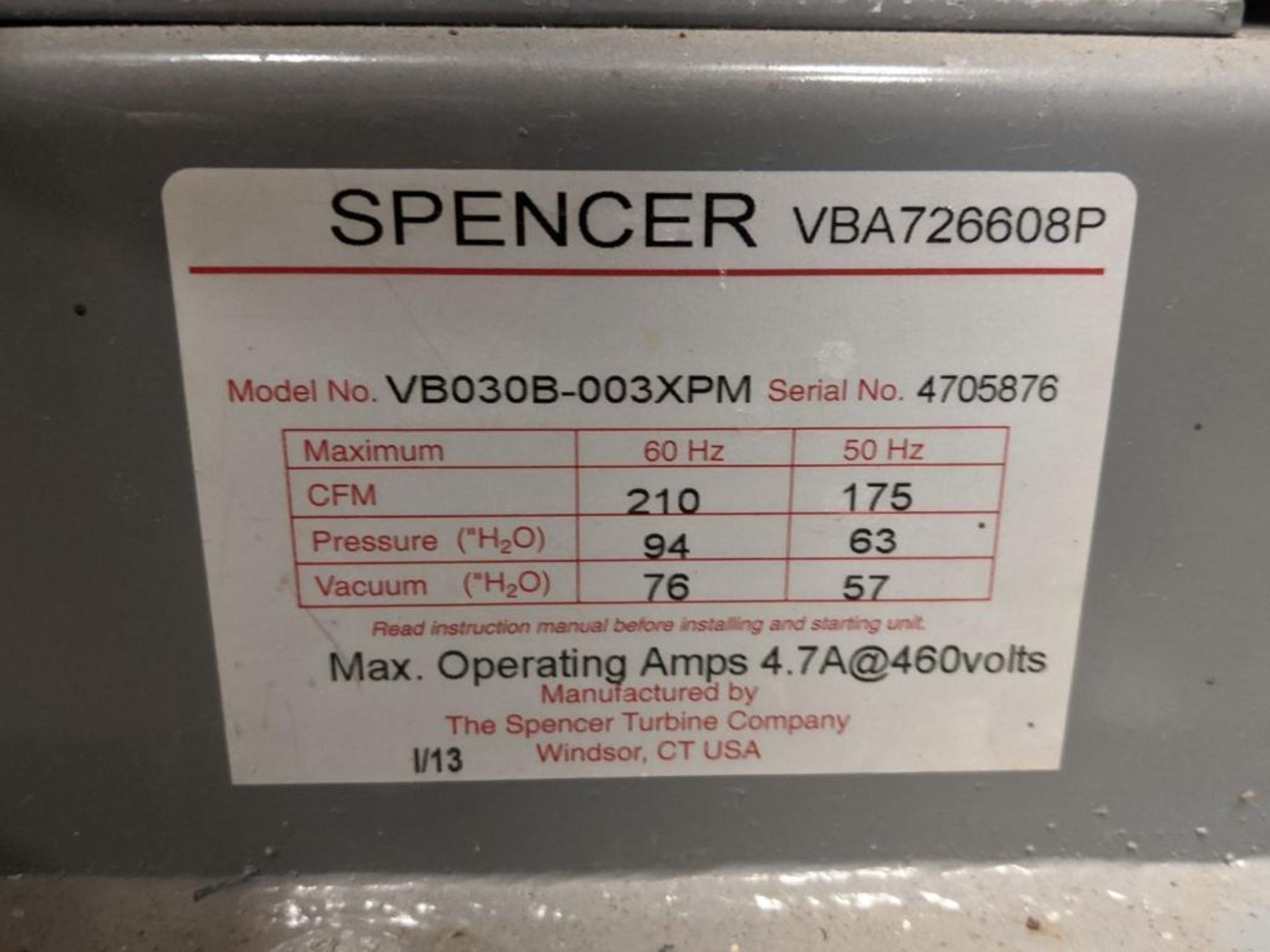 Spencer Model VBA726608P 4 HP Vortex Blower - Image 3 of 3