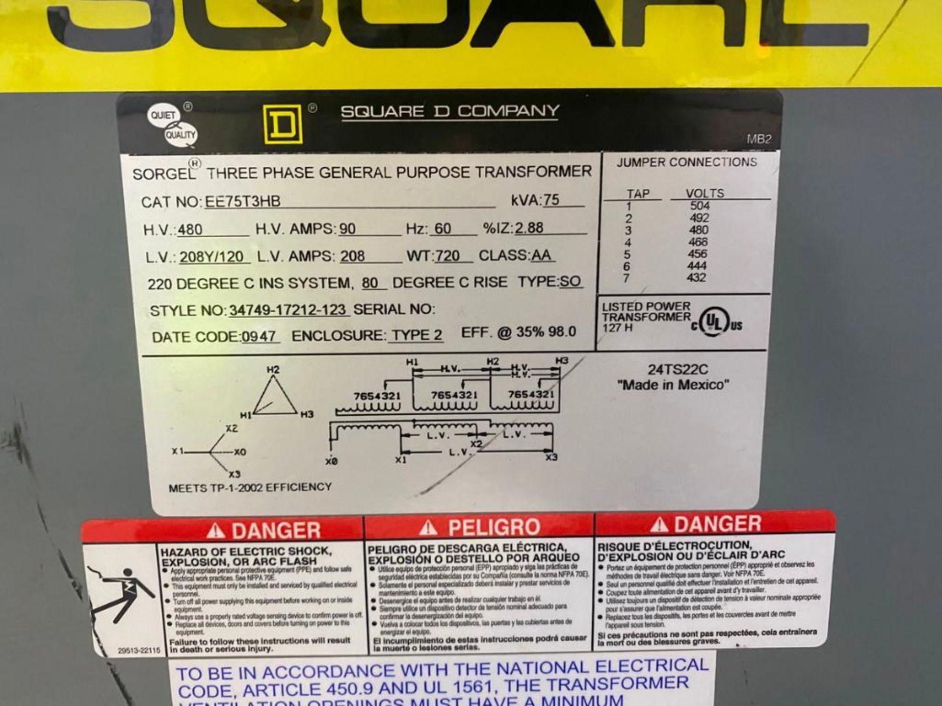 Square-D Cat No. EE75T3HB 75 kVA Sorgel Three Phase General Purpose Transformer - Image 6 of 6