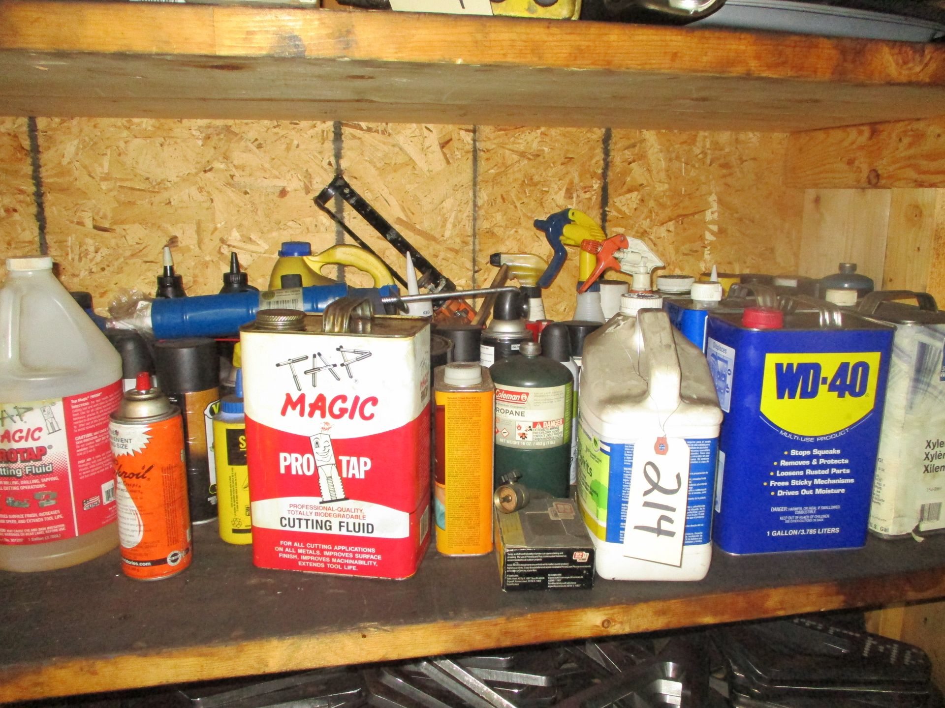 Shelf of Tap Magic, WD-40, Assorted Paints, Greases and Cleaning Chemicals (shelf unit not