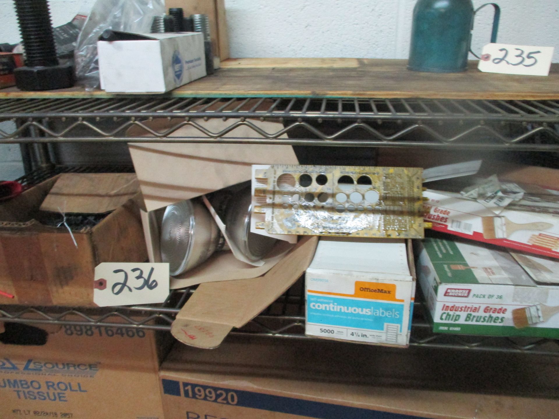 Shelf of Light Bulbs, Labels, Fasteners, and Chip Brushes (new in open box) (Shelf unit not