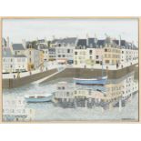 Micheline Evrard BOYADJIAN École belge (1923-2019)Gouache sur papier: Belle-île vue du port.<br
