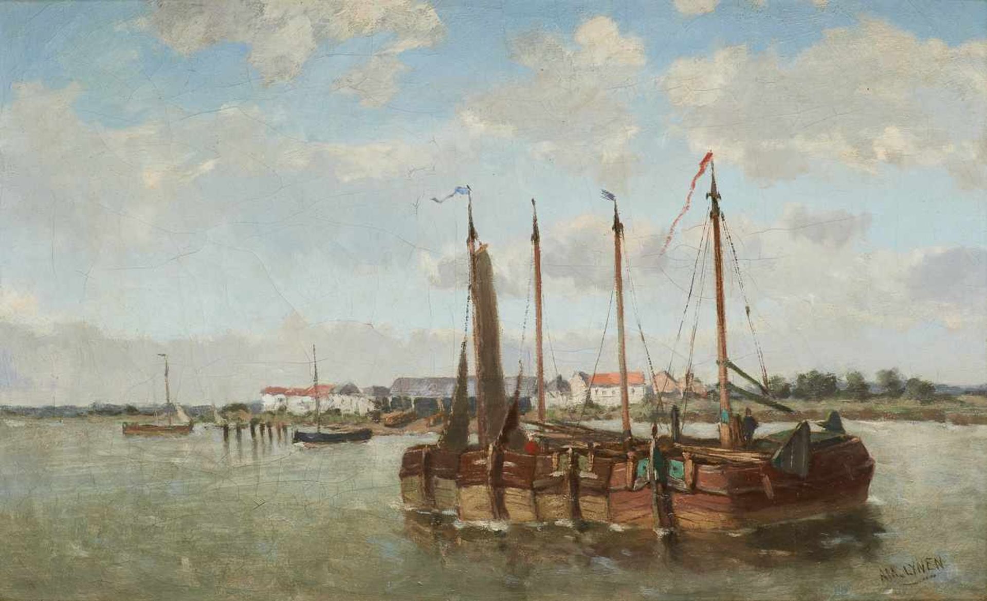 Amédée Ernest LYNEN École belge (1852-1938)Huile sur toile: Scheldeboot à marée basse.Signé