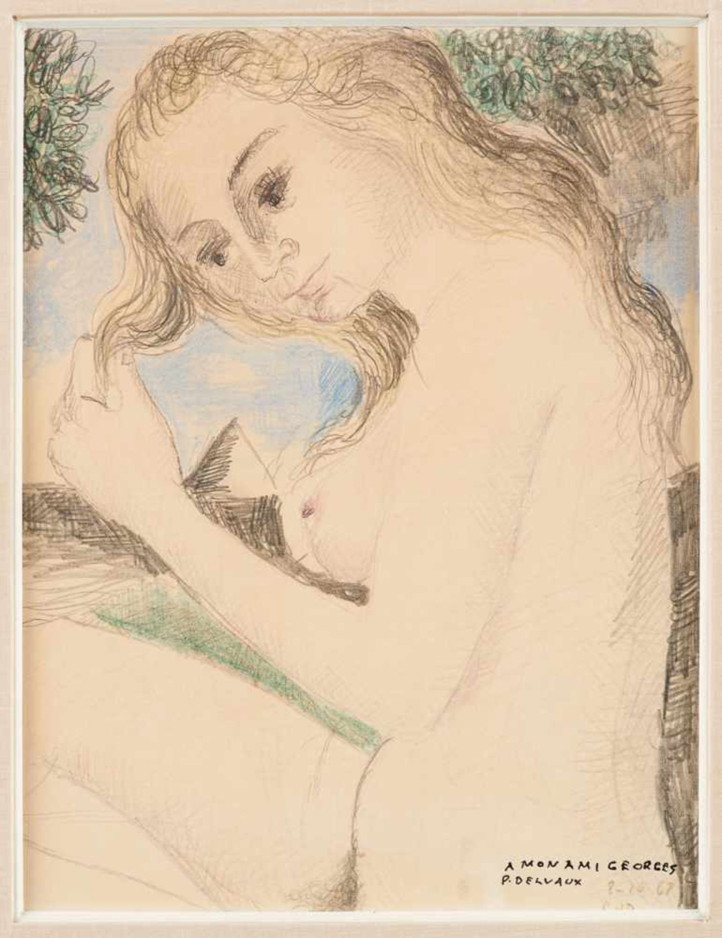 Paul DELVAUX École belge (1897-1994)Dessin aux crayons de couleur sur papier: Jeune femme nue s