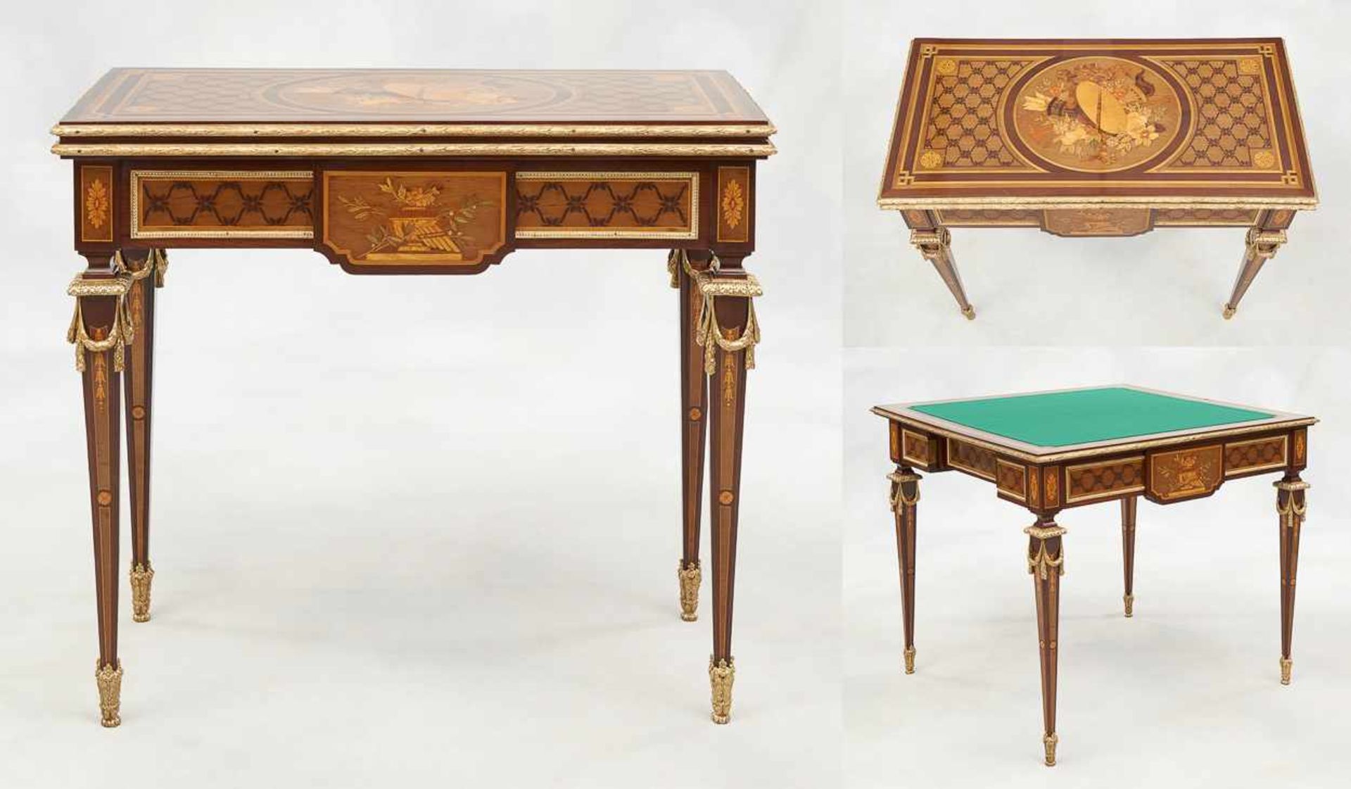 De style Louis XVI.Meuble: Table à jeux pouvant former console en placage et marqueterie de boi