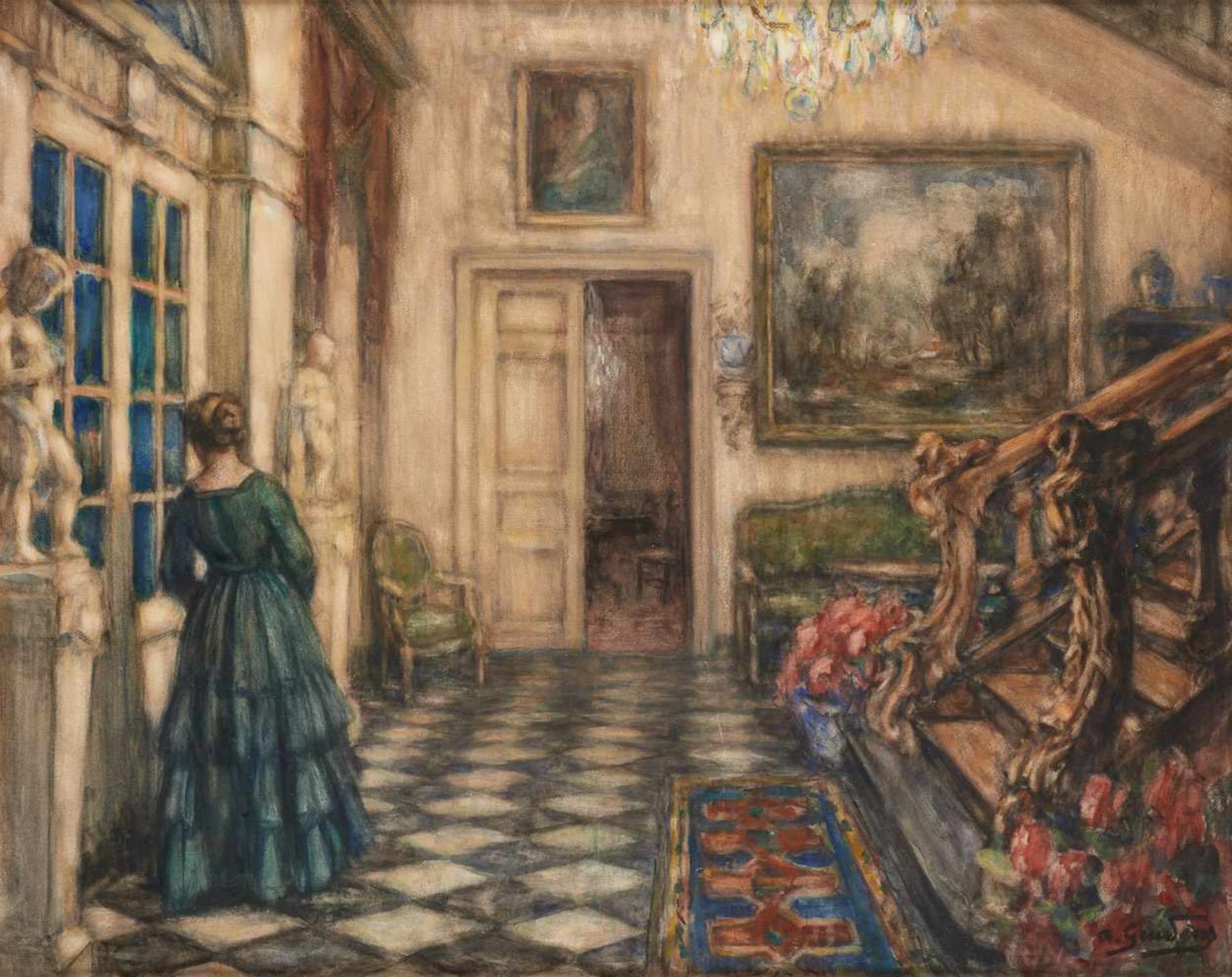 Albert GEUDENS École belge (1869-1949)Aquarelle sur papier: Jeune femme dans son intérieur.