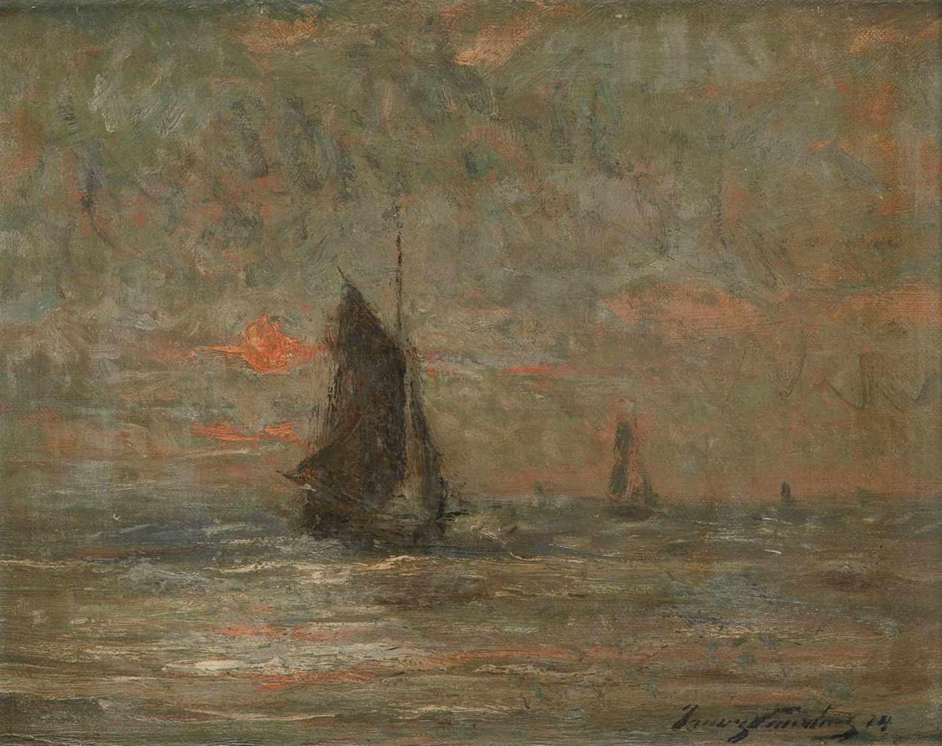 Franz COURTENS École belge (1854-1943)Huile sur toile marouflée sur panneau: Voiliers au couche