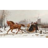 Karel OOMS École flamande (1845-1900)Huile sur toile: Promenade en traîneau dans la neige.S