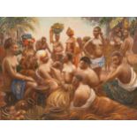 André HALLET École belge (1890-1959)Huile sur toile: "Les femmes du Congo Belge".Signée et