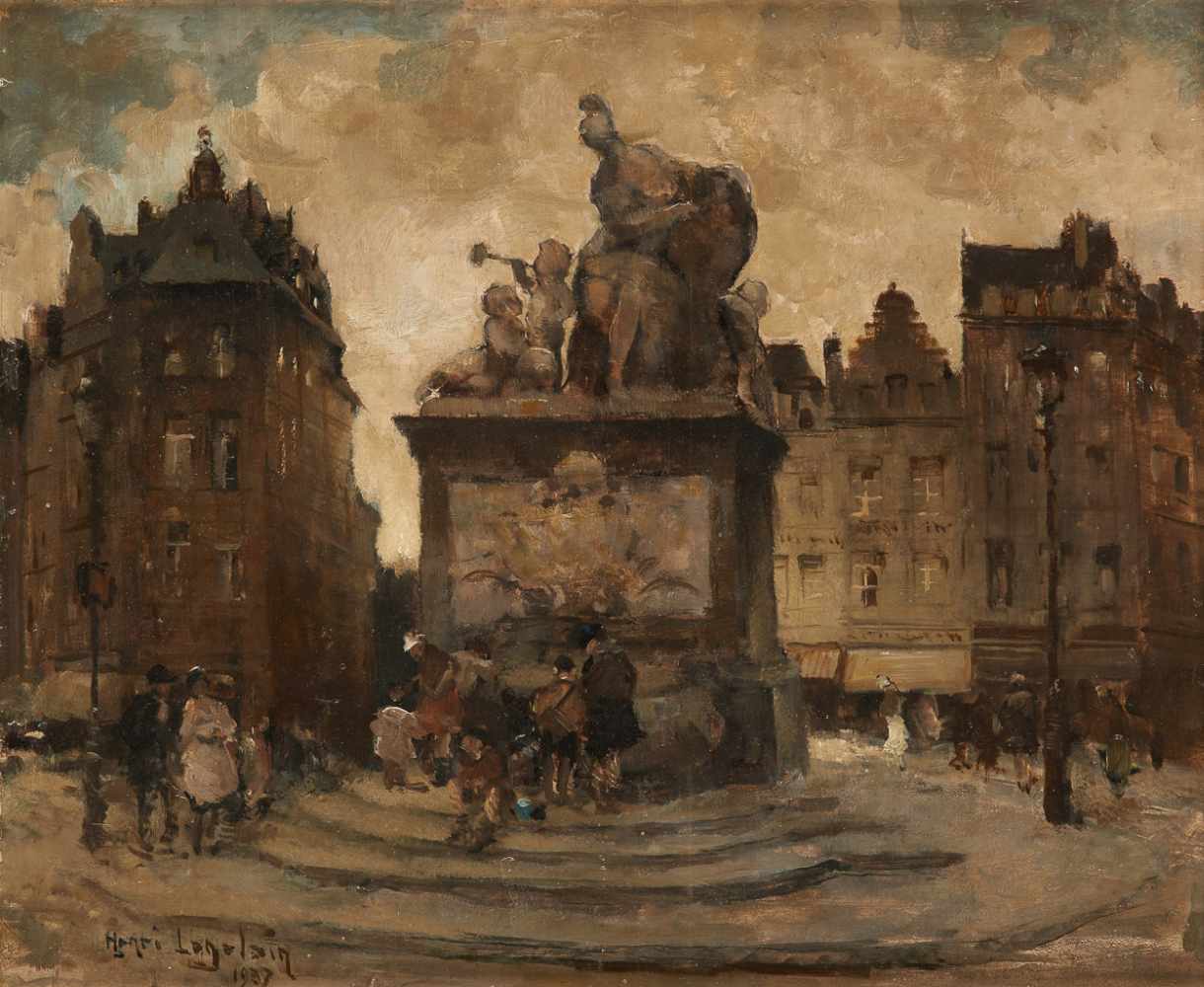 Henri LOGELAIN École belge (1889-1968)Huile sur panneau: Place du Grand Sablon à Bruxelles.