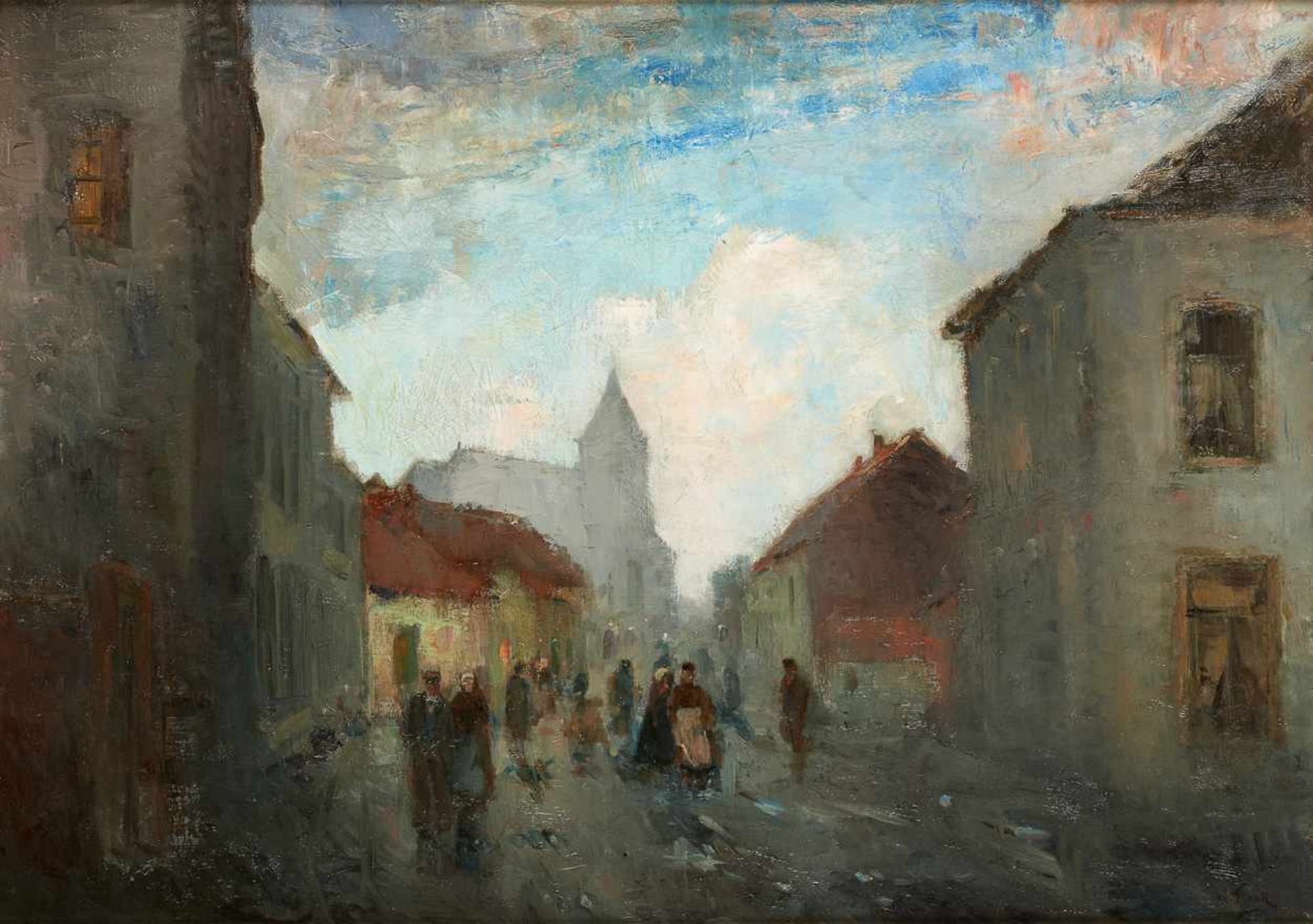 Lucien FRANK École belge (1857-1920)Huile sur toile: Le jour de pluie à Ohain.Signée: L. Fr