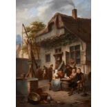 Charles VENNEMAN École belge (1802-1875)Huile sur toile: Déjeuner dans la cour de l'auberge.<br