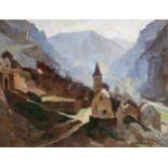 Camille BARTHELEMY École belge (1890-1961)Huile sur toile: "Les Gorges du Tarn matin à Sainte É