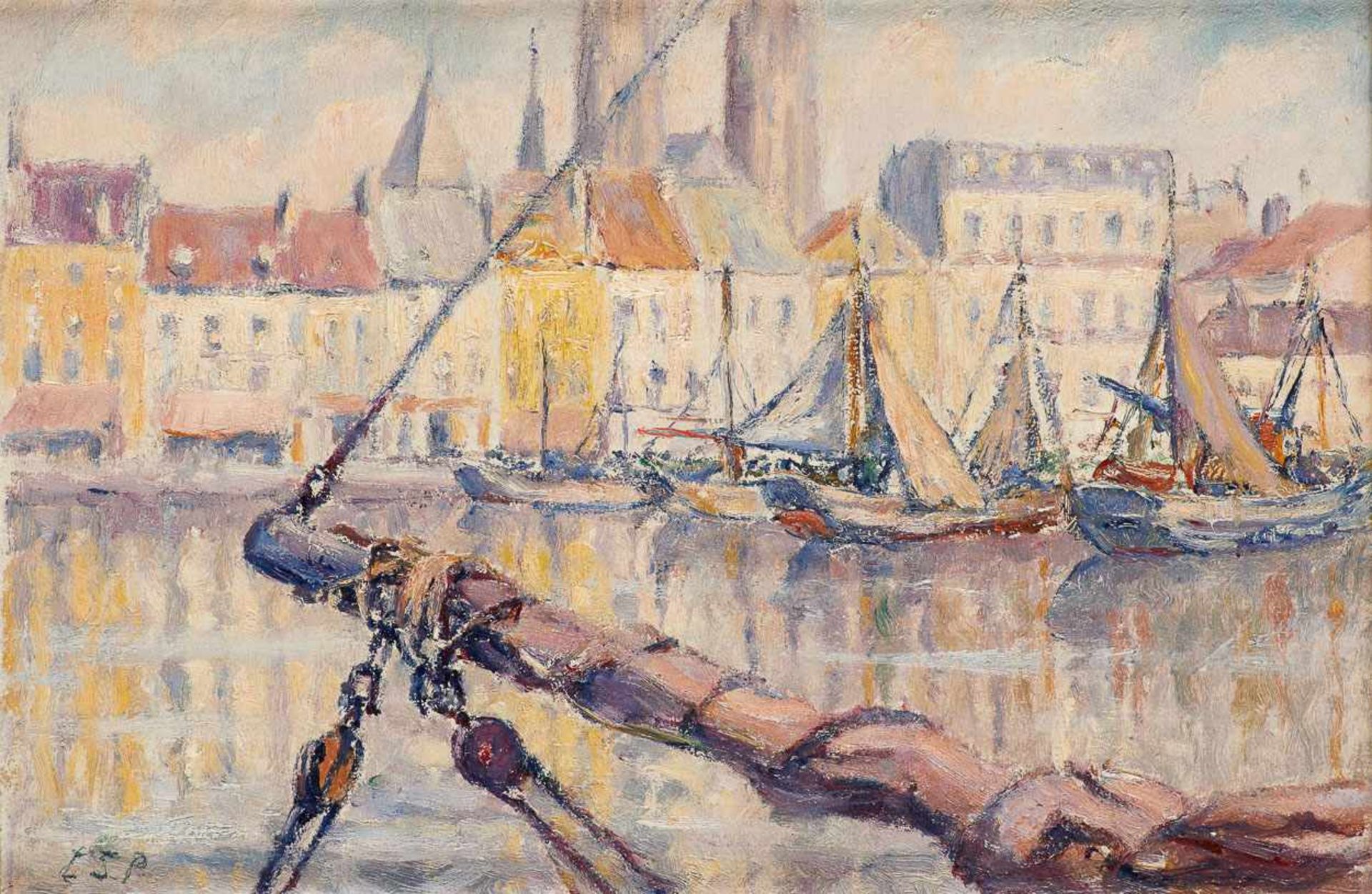 Caroline STIENON DU PRÉ École belge (1883-1979)Huile sur panneau: Dans le port d'Ostende.Mo