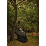 César DE COCK École belge (1823-1904)Huile sur toile: Jeune femme cousant dans une futaie.S