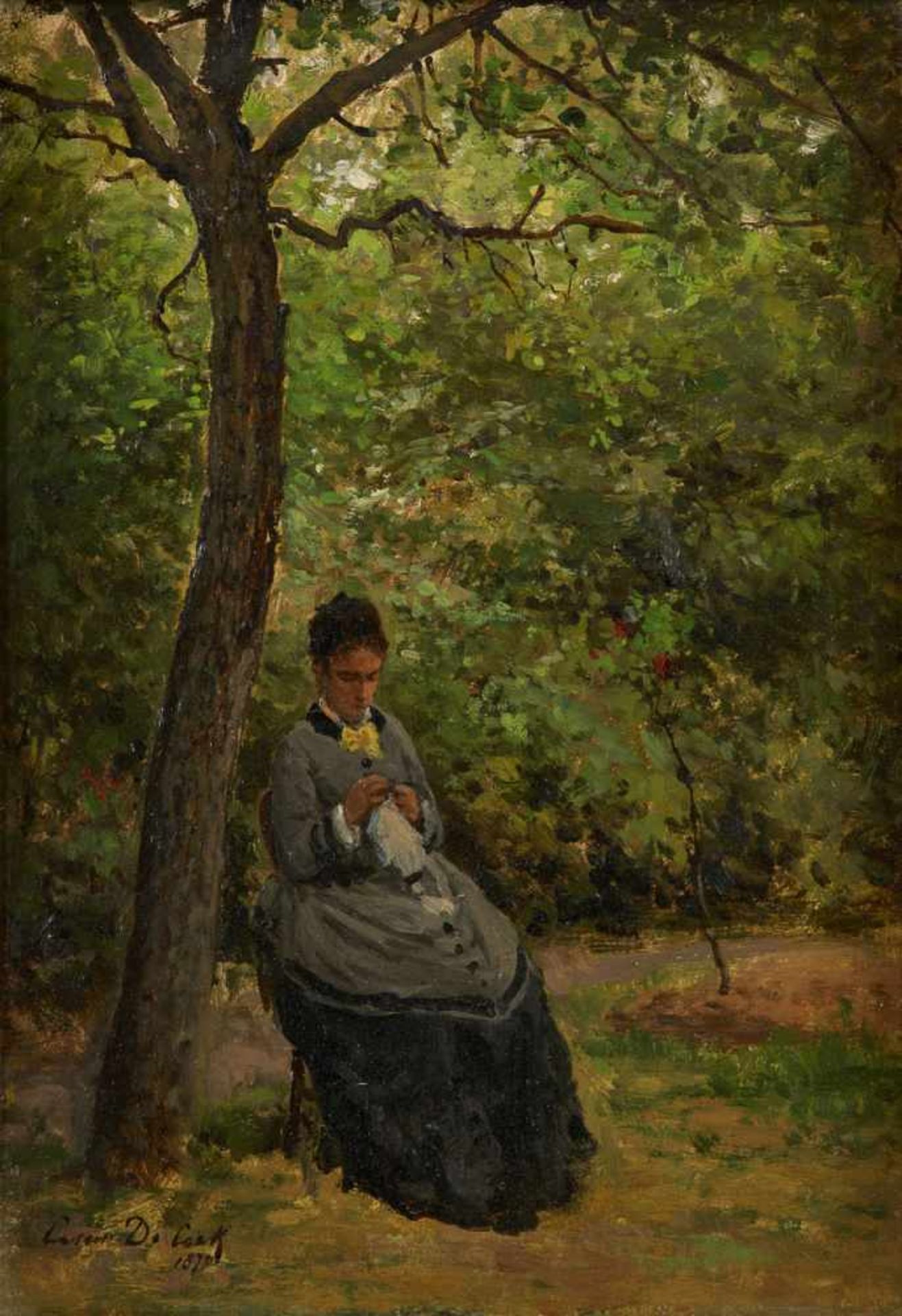 César DE COCK École belge (1823-1904)Huile sur toile: Jeune femme cousant dans une futaie.S