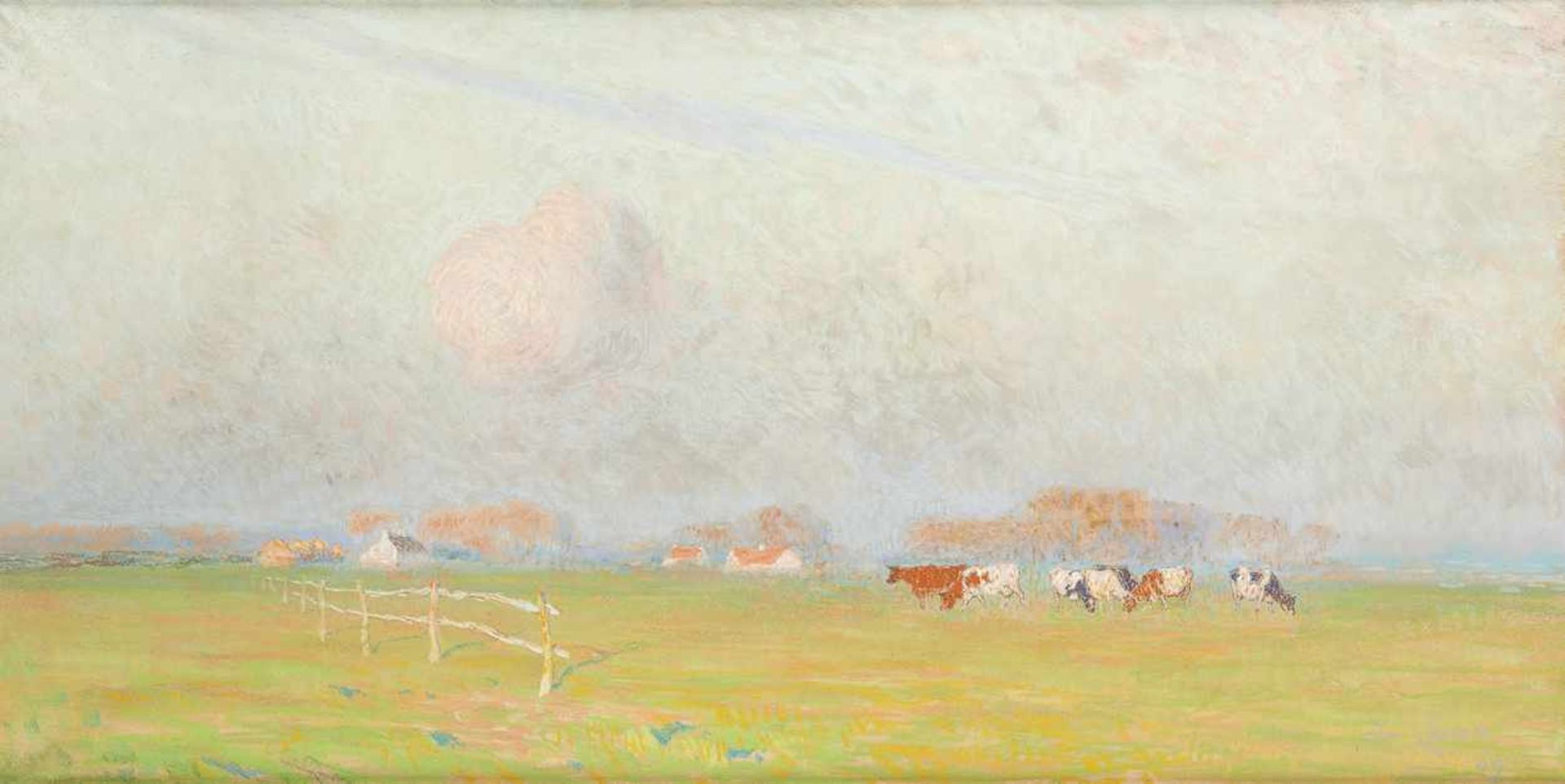 Emile CLAUS École belge (1849-1924)Pastel sur carton: "Couchant, arrière saison".Signé et d