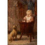 Albert DUMOULIN École hollandaise (1871-1935)Huile sur toile: L'enfant dans sa chaise haute et