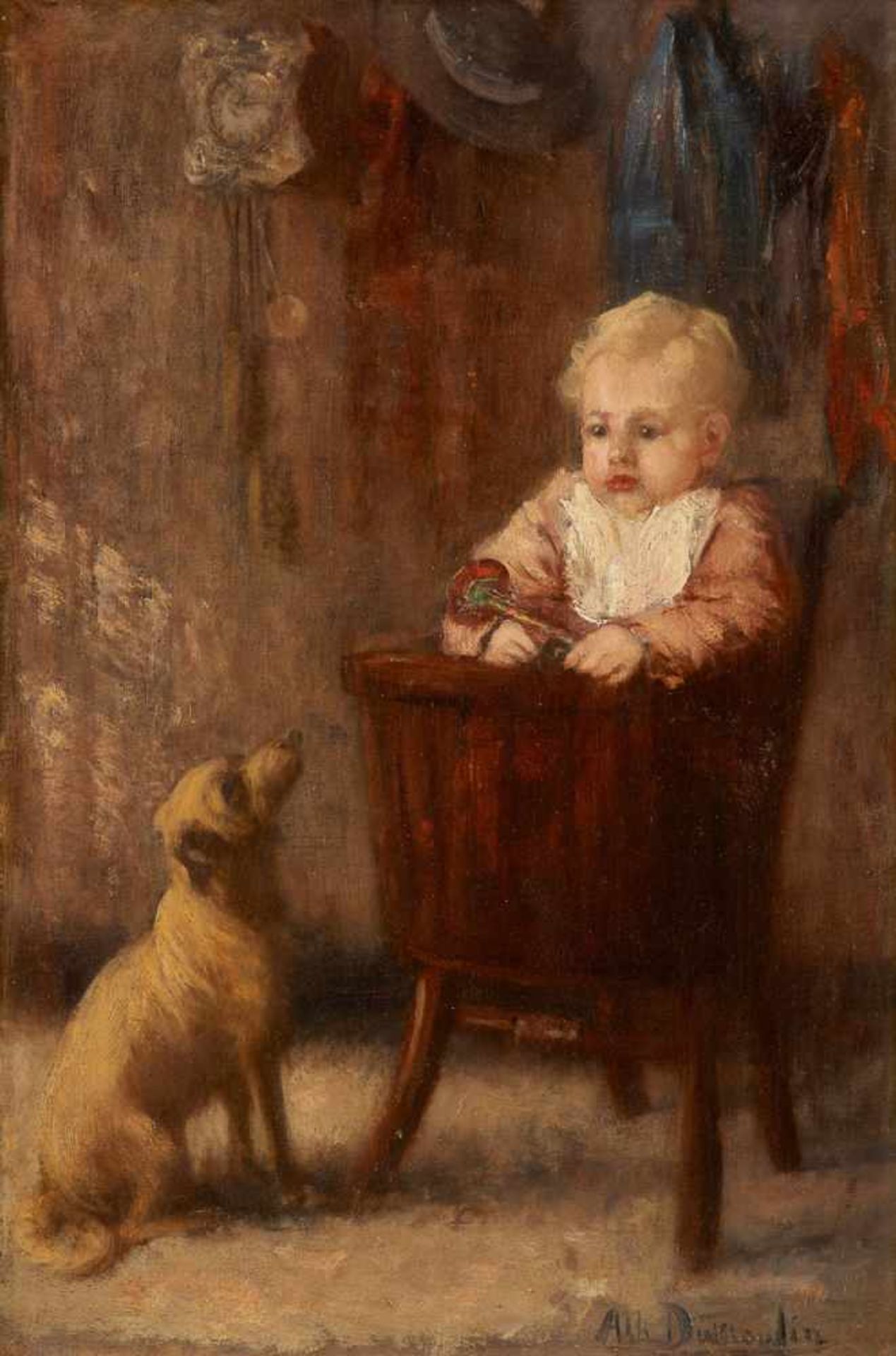 Albert DUMOULIN École hollandaise (1871-1935)Huile sur toile: L'enfant dans sa chaise haute et