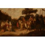 Ecole flamande 17e.Huile sur panneau (fendu): La rencontre du Roi Salomon et de la Reine de Sab