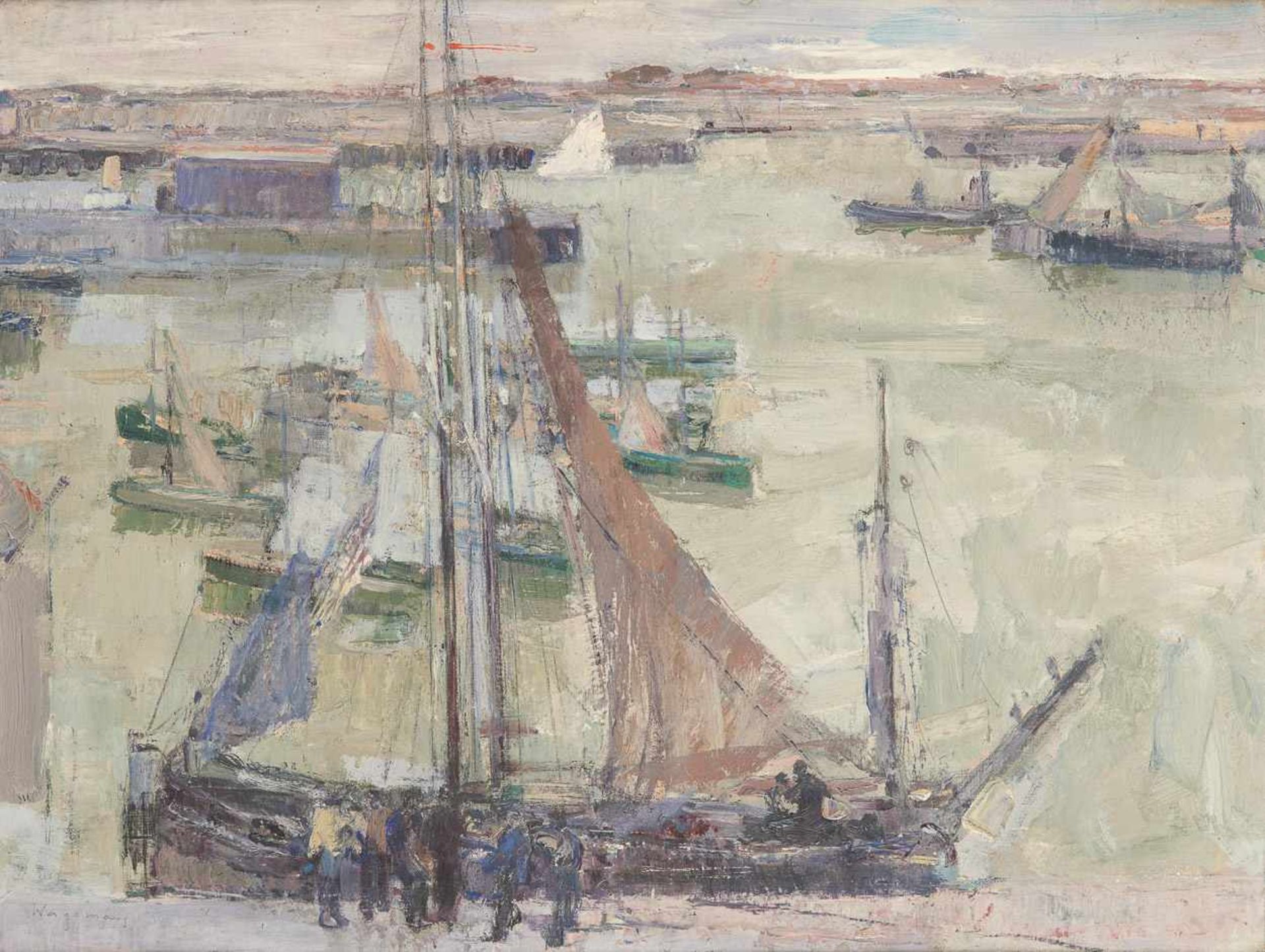 Maurice WAGEMANS École belge (1877-1927)Huile sur toile: Pêcheurs en conversation sur le quai.<