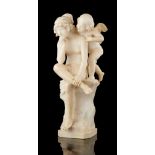 PUGI (École italienne).Sculpture en albâtre: Jeune femme et putti. Signée et datée: Pugi 18