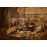 École belge 19e.Huile sur toile: Moutons et poules dans la bergerie.Signée en bas à gauche.