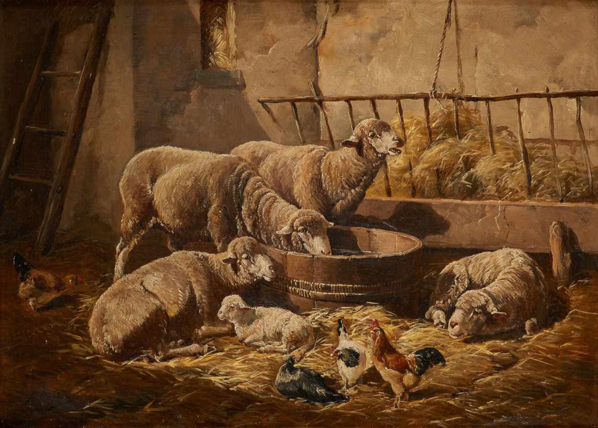 École belge 19e.Huile sur toile: Moutons et poules dans la bergerie.Signée en bas à gauche.