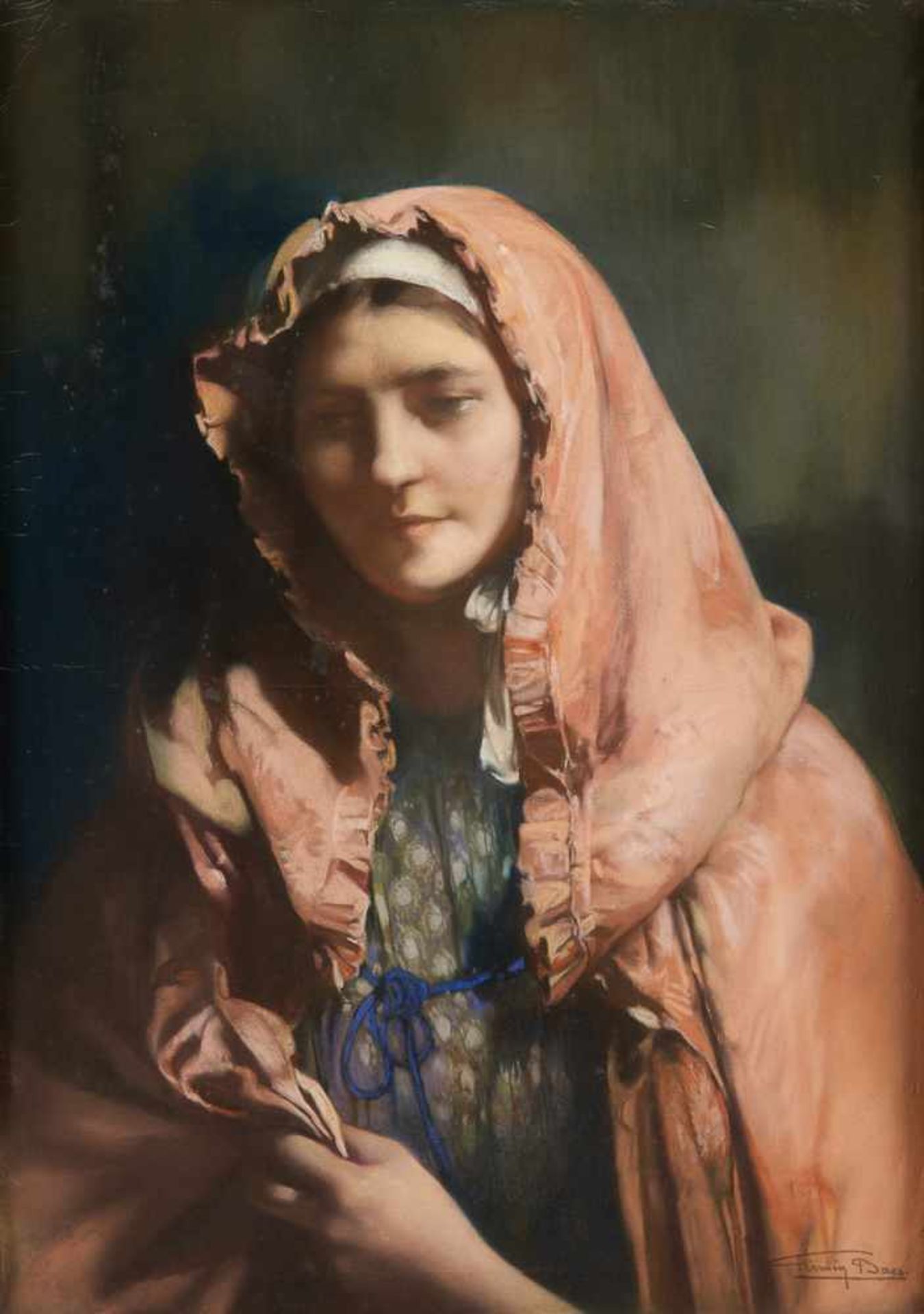 Firmin BAES Éole belge (1874-1943)Pastel sur toile: Portrait de jeune fille à la capeline rose.