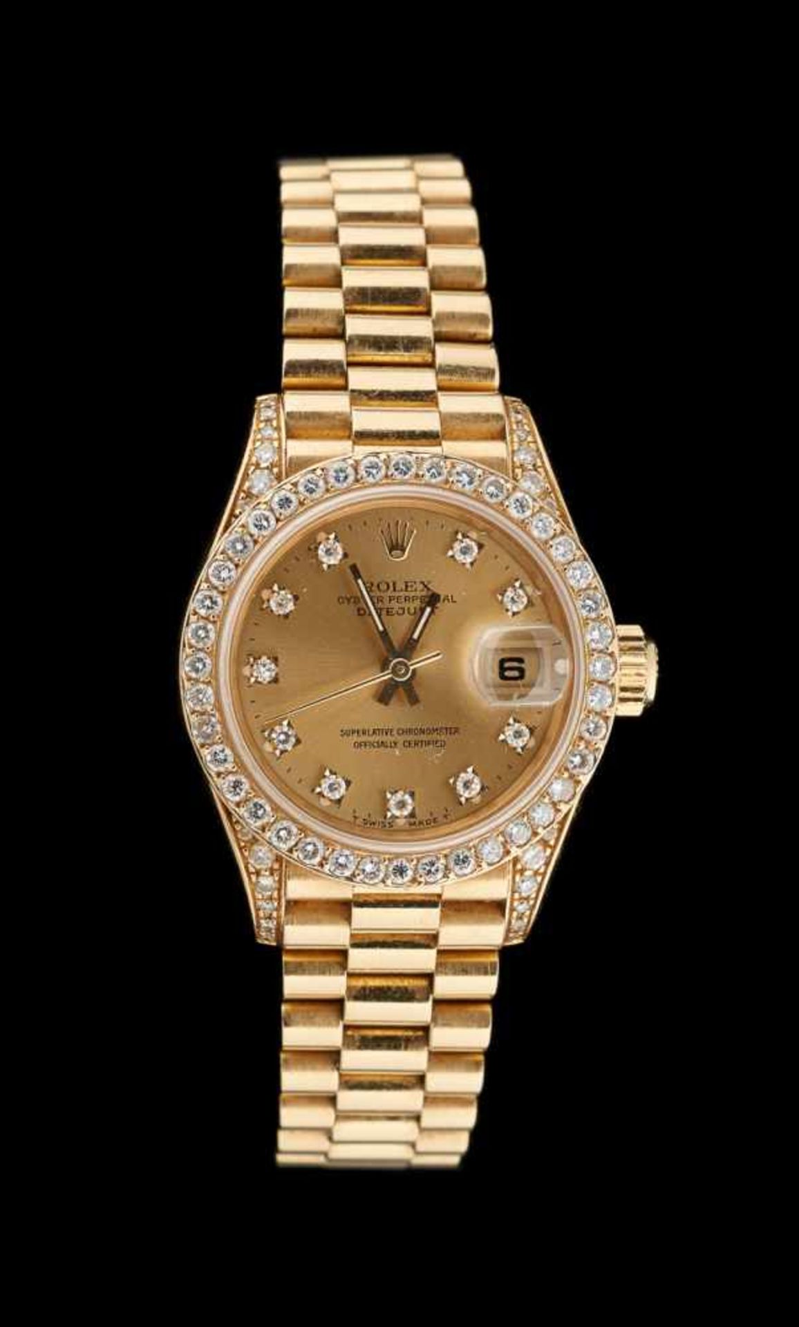 Rolex.Horlogerie: Bracelet-montre de dame en or jaune au cadran cerclé de diamants avec guichet